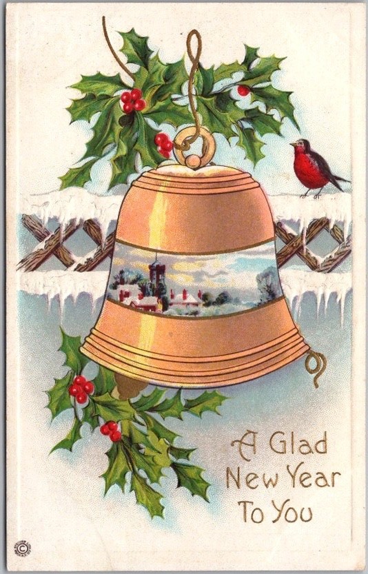 c1910s HAPPY NEW YEAR Postcard Gold Bell / Winter Church Scene - STECHER 1610A