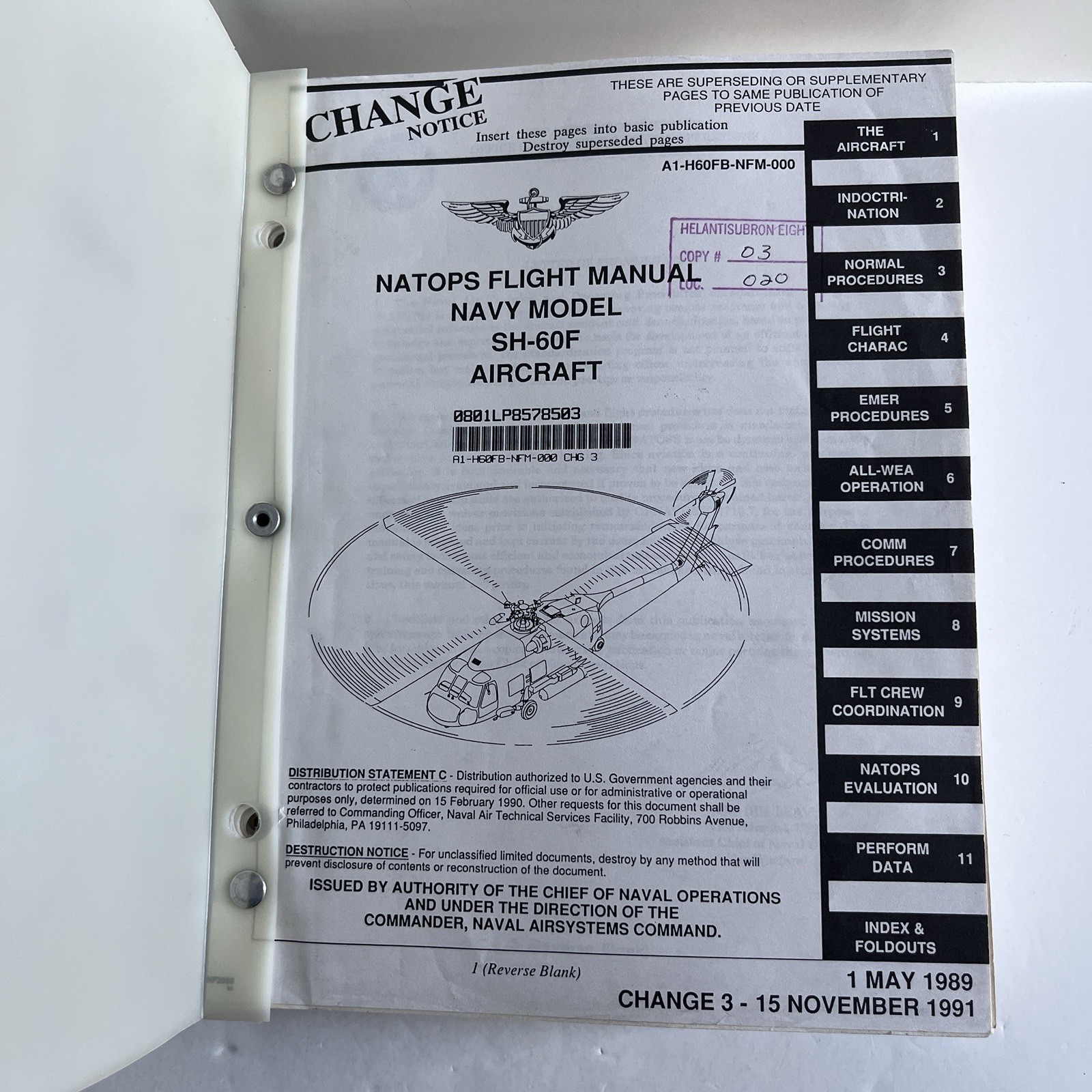 Vintage NATOPS ORIGINAL 1989/1991 US Navy SH-60F Seahawk Clear Cover