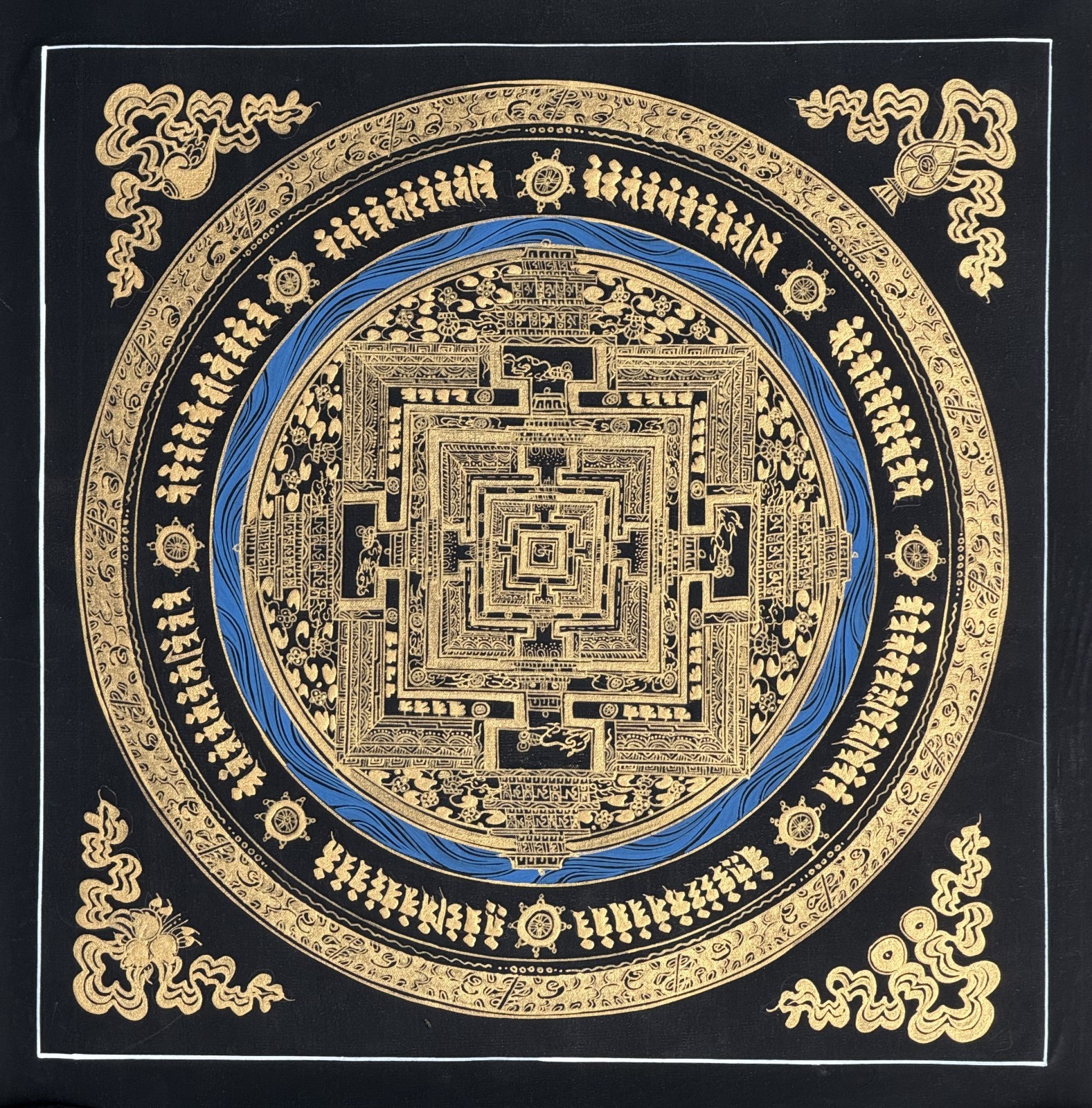 HAND-PAINTED KALACHAKRA MANDALA TIBETAN THANGKA – BLACK AND GOLD WHEEL OF TIME
