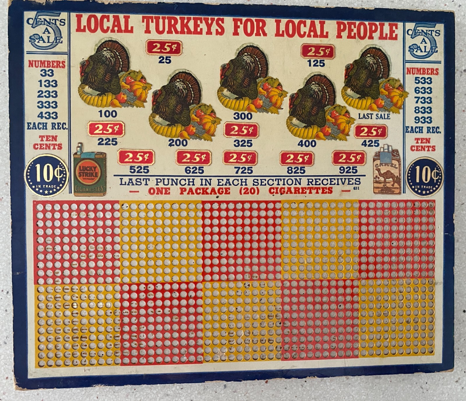 Vintage Local Turkeys For Local People Punch Board Gambling Trade Stimulator