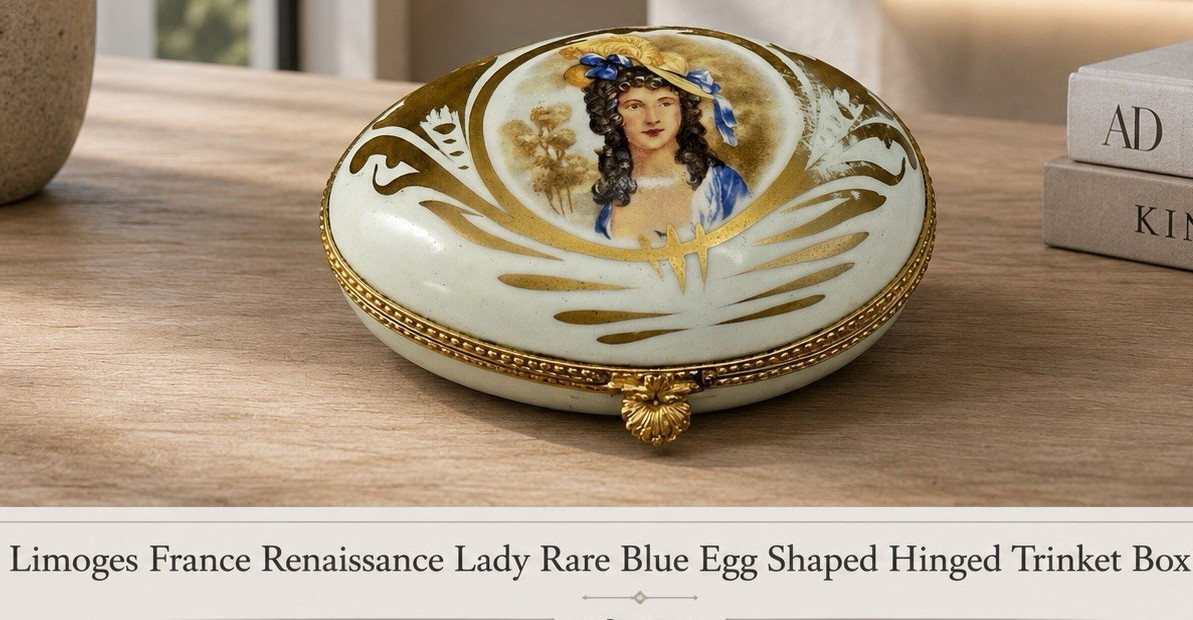 Limoges France Renaissance Portrait Lady Blue Egg Hinged Trinket Box Signed VTG