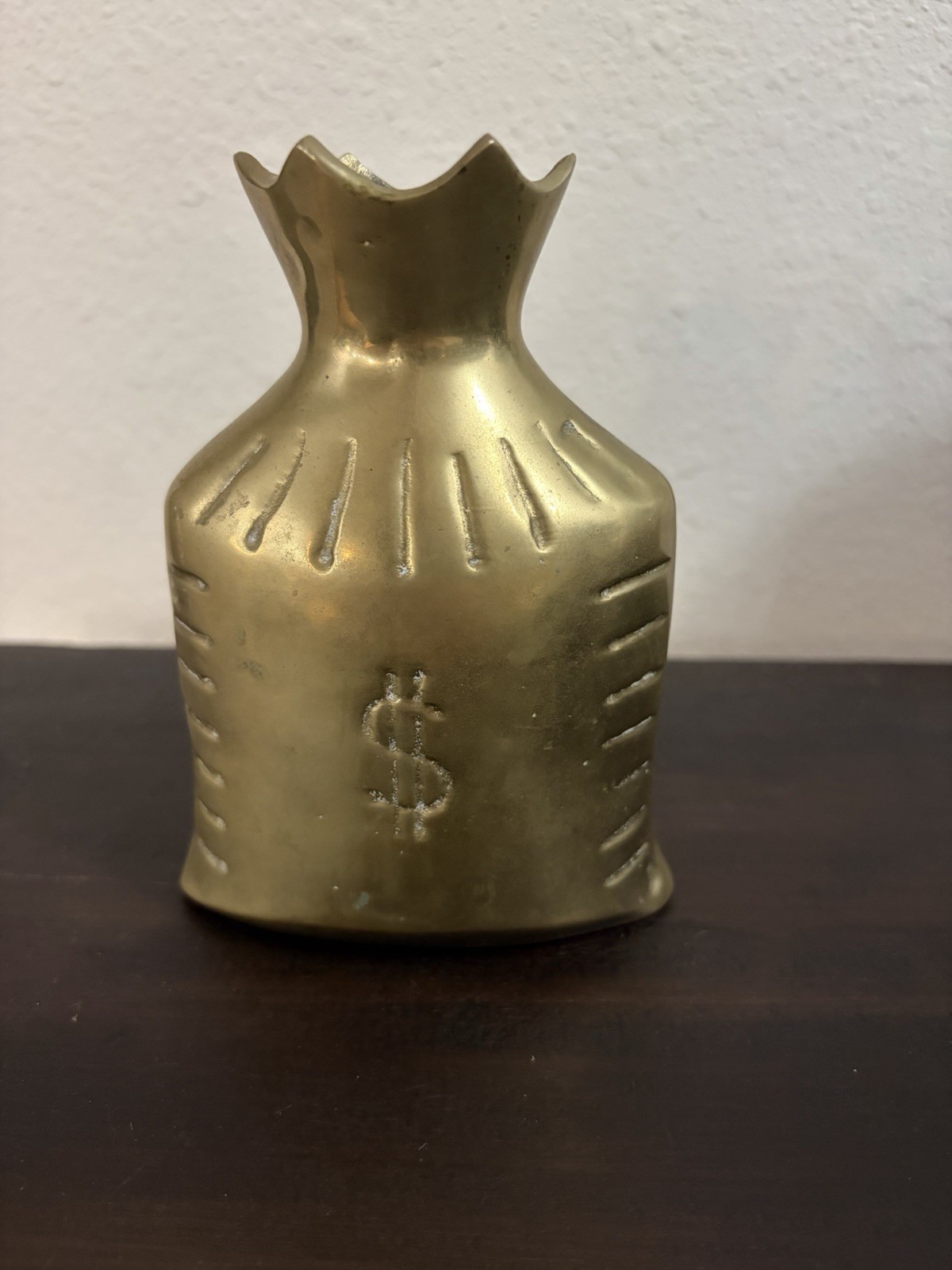Vintage Brass Figurine Money Sign Bag Vase Pouch Heavy Bank 1960s 