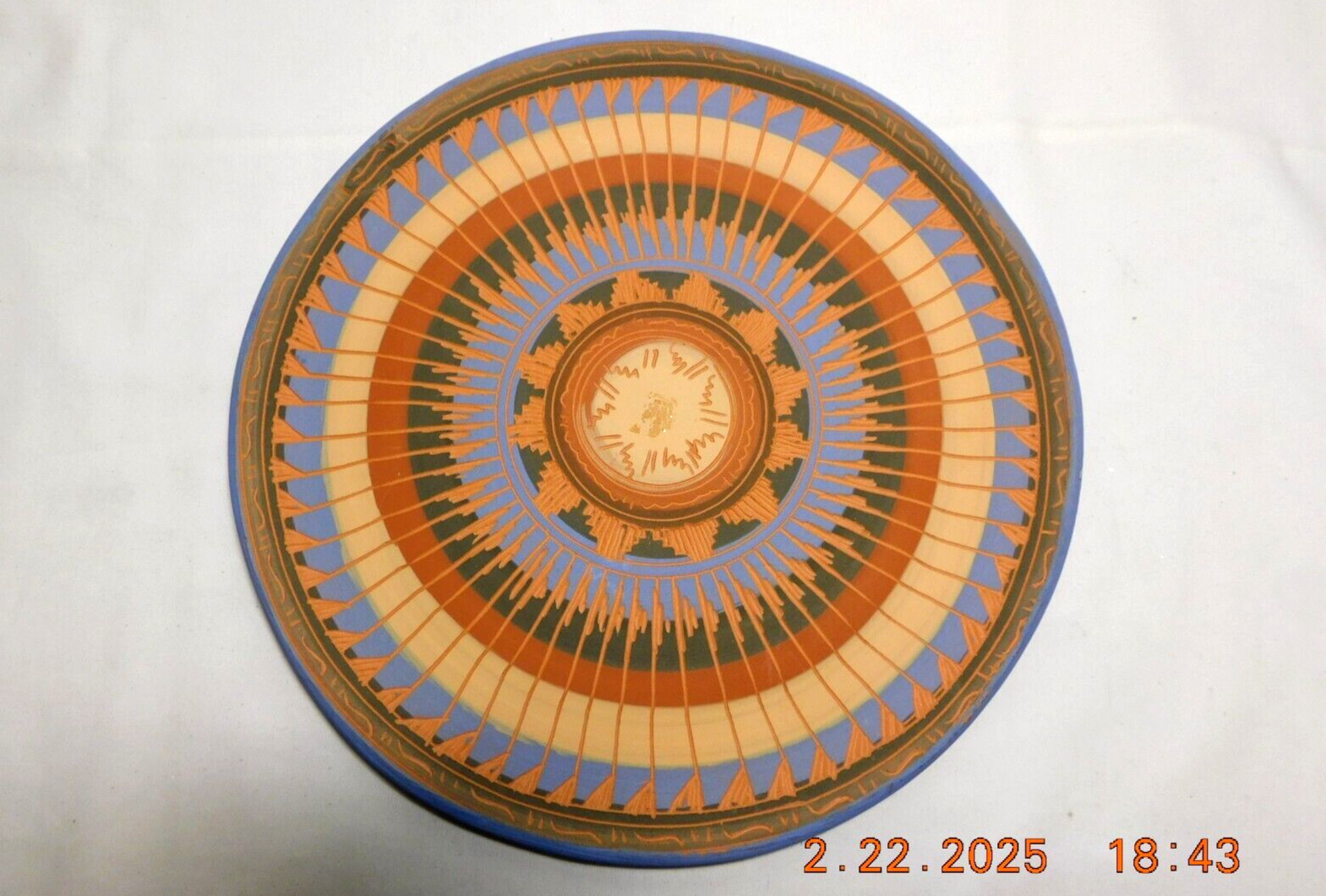 Hand Painted Navajo American Pottery Etched Plate Signed by M. Irving 8 1/2\