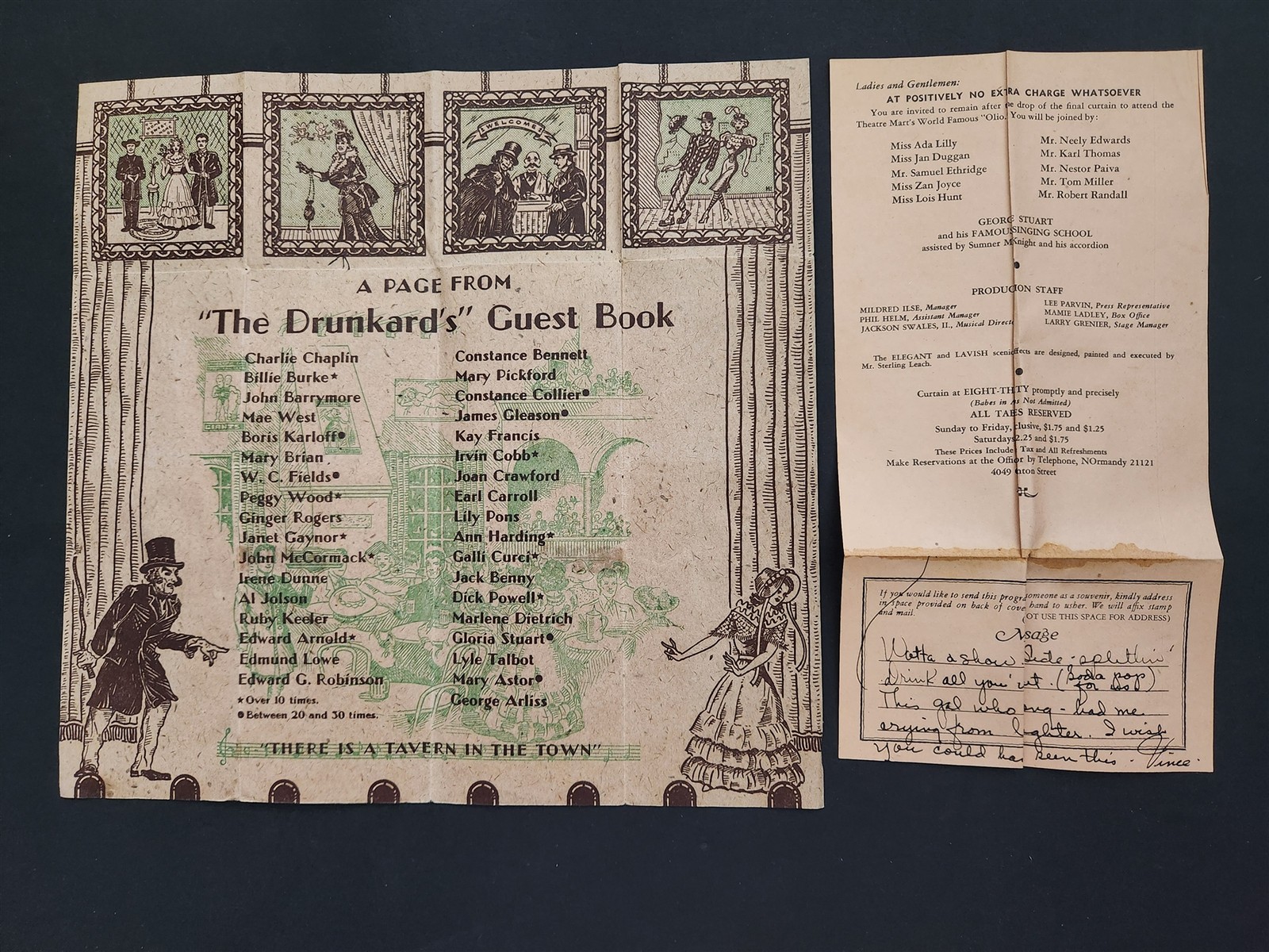 1930s antique THE DRUNKARD theatre mart hollywood PROGRAM souvenir LETTER