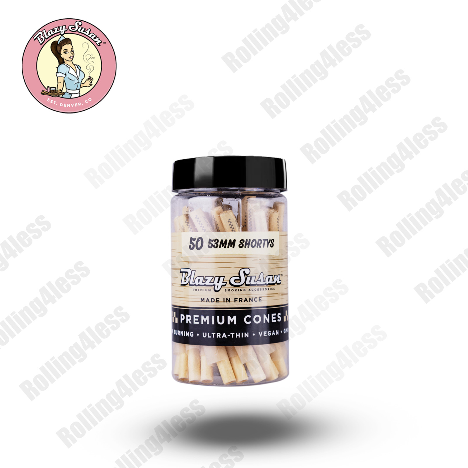 Blazy Susan Shorty 53mm Pre Rolled Cones 50 Count Jar Ultra Thin French Paper