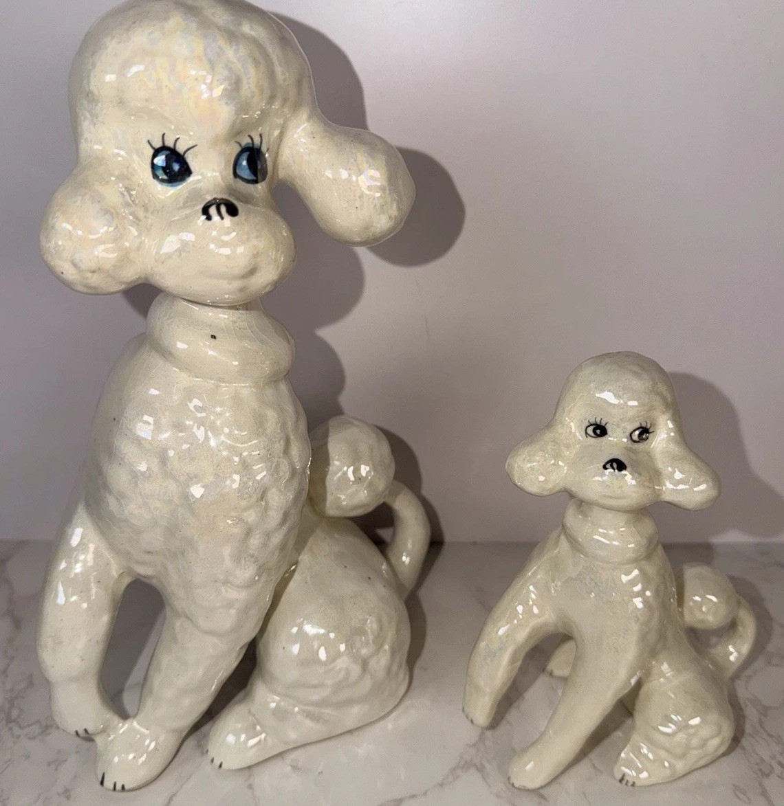 Pair Of Ceramic POODLES Lg And Small Standing MINT MCM 50\'s Figurine 10x6”, 6x4”