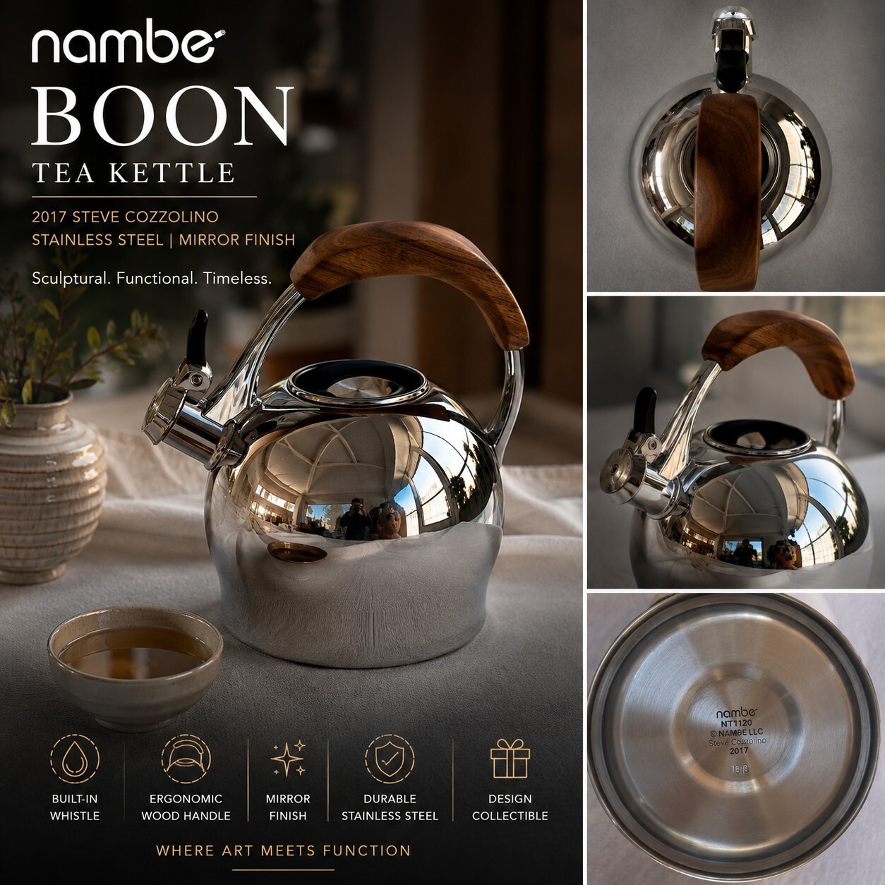 Nambe “Boon” Tea Kettle, 2017 Steve Cozzolino, stainless Steel Mirror Finish.￼
