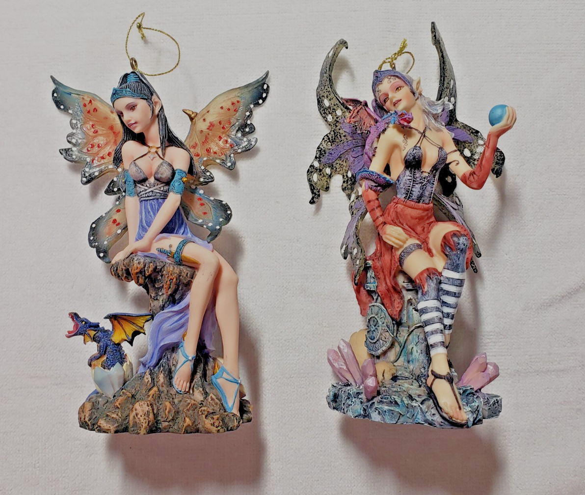 Gothic Winged Fairy Figurines (Two Pieces) Fantasy with hatched baby dragon 