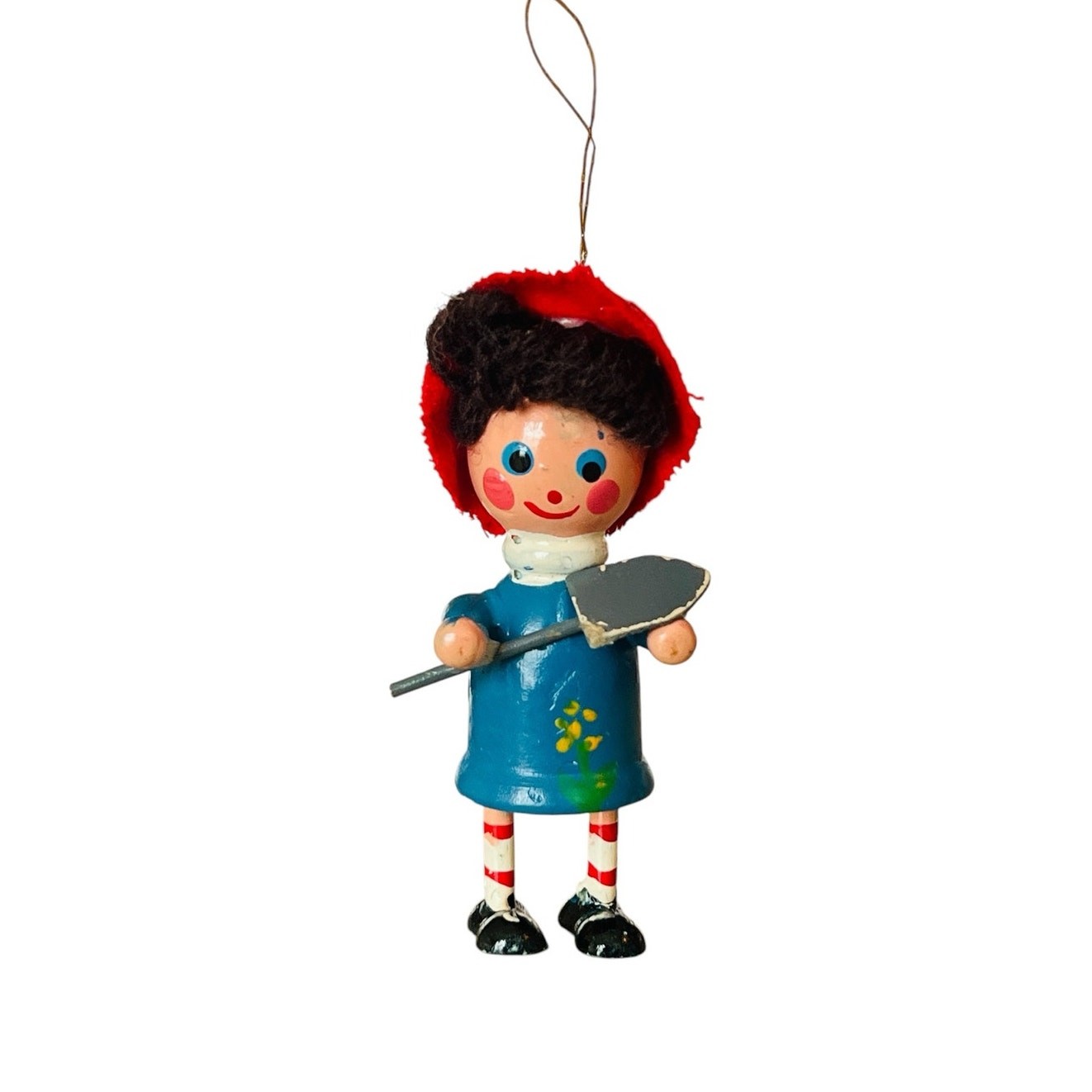Vintage Little Miss Muffet holding spade nursery rhyme wood Christmas ornament