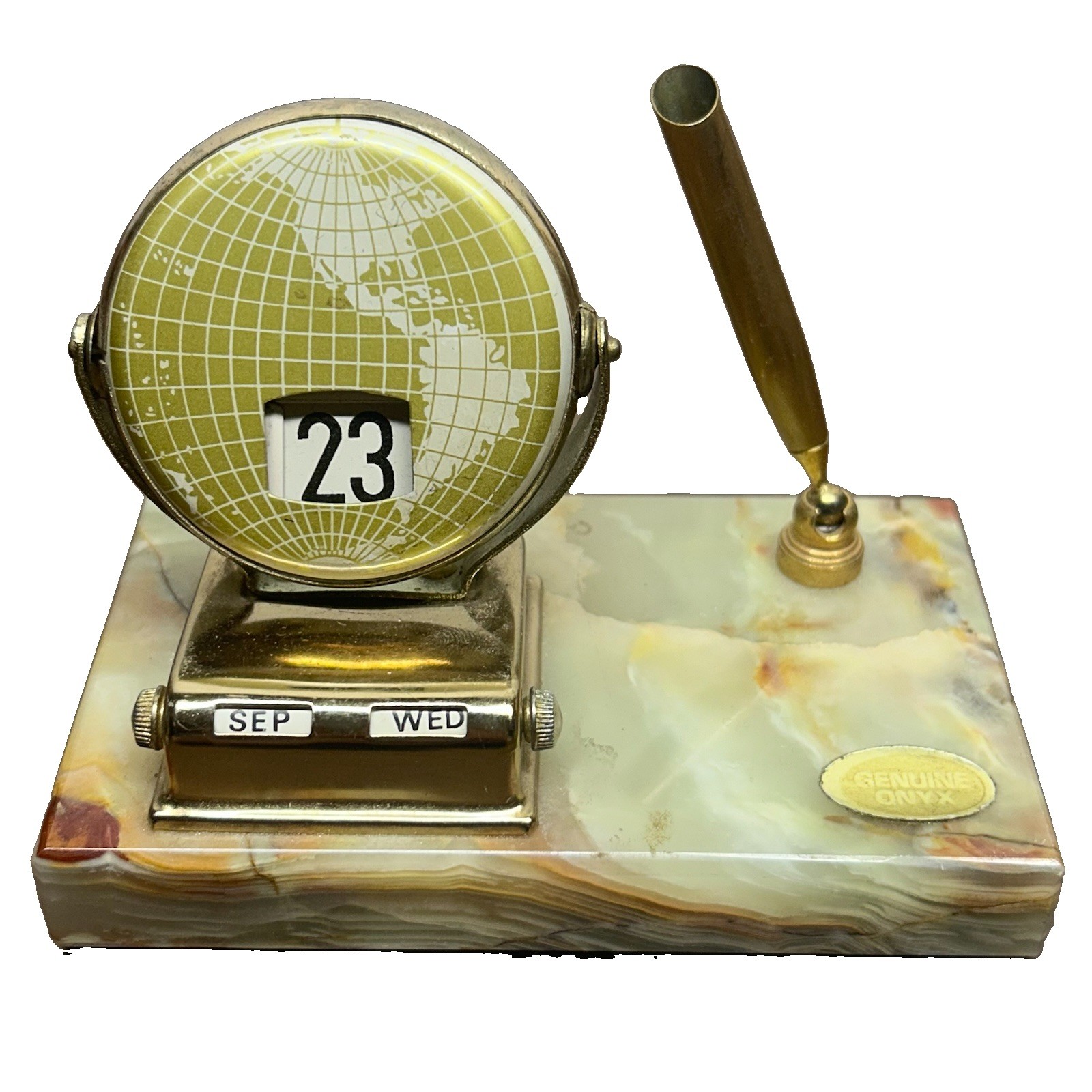 Vintage Perpetual World Globe Map Desk Calendar Onyx Stone Base with Pen Holder