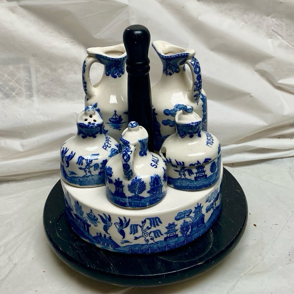 Vintage, Rare 8-pc Blue Willow Condiment Set.