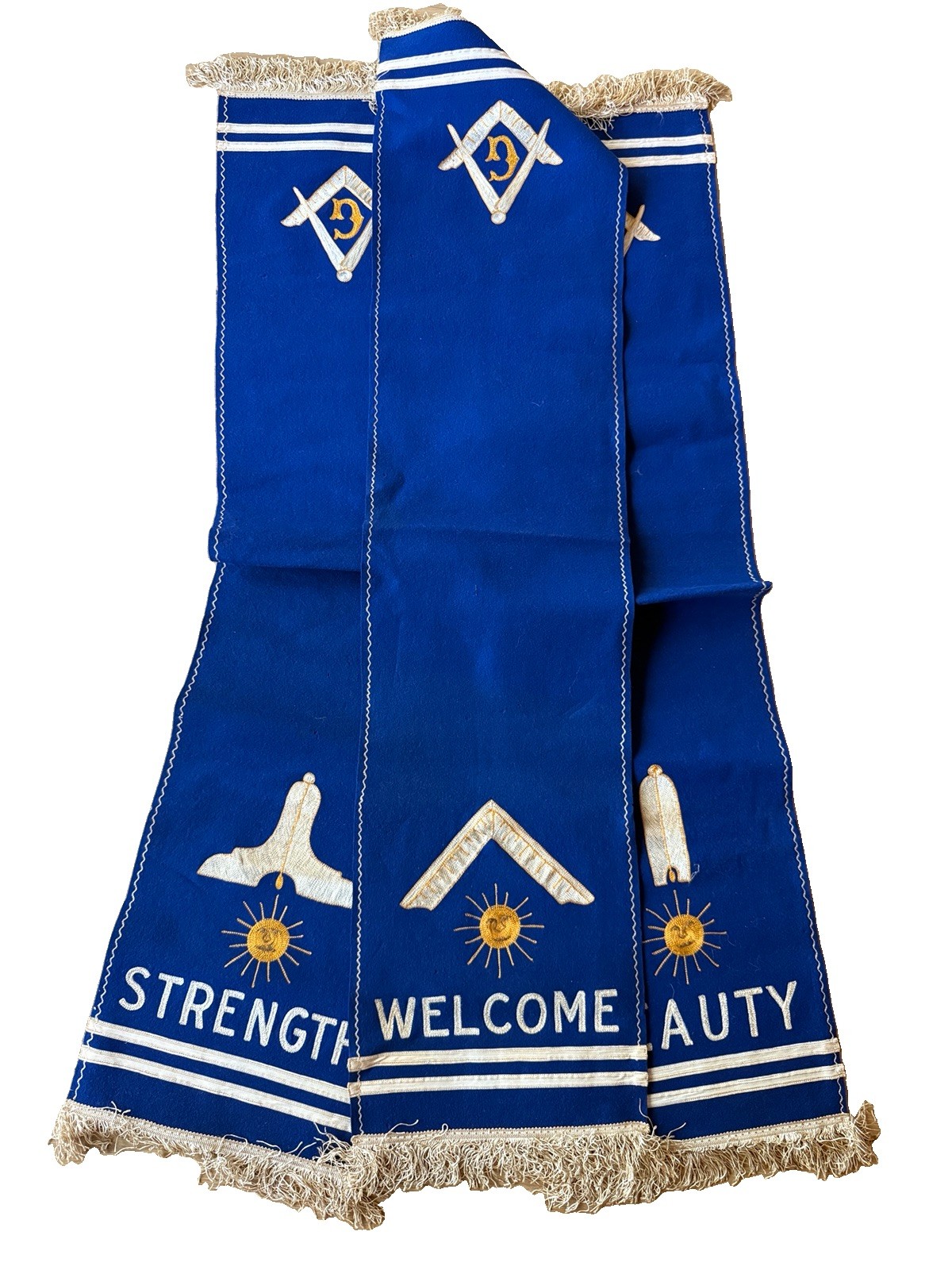 Antique Pettibone Bros Masonic Wool Banner Set of 3 Welcome Strength Beauty Antique Pettibone Bros Masonic Wool Banner Set of 3 Welcome Strength Beauty