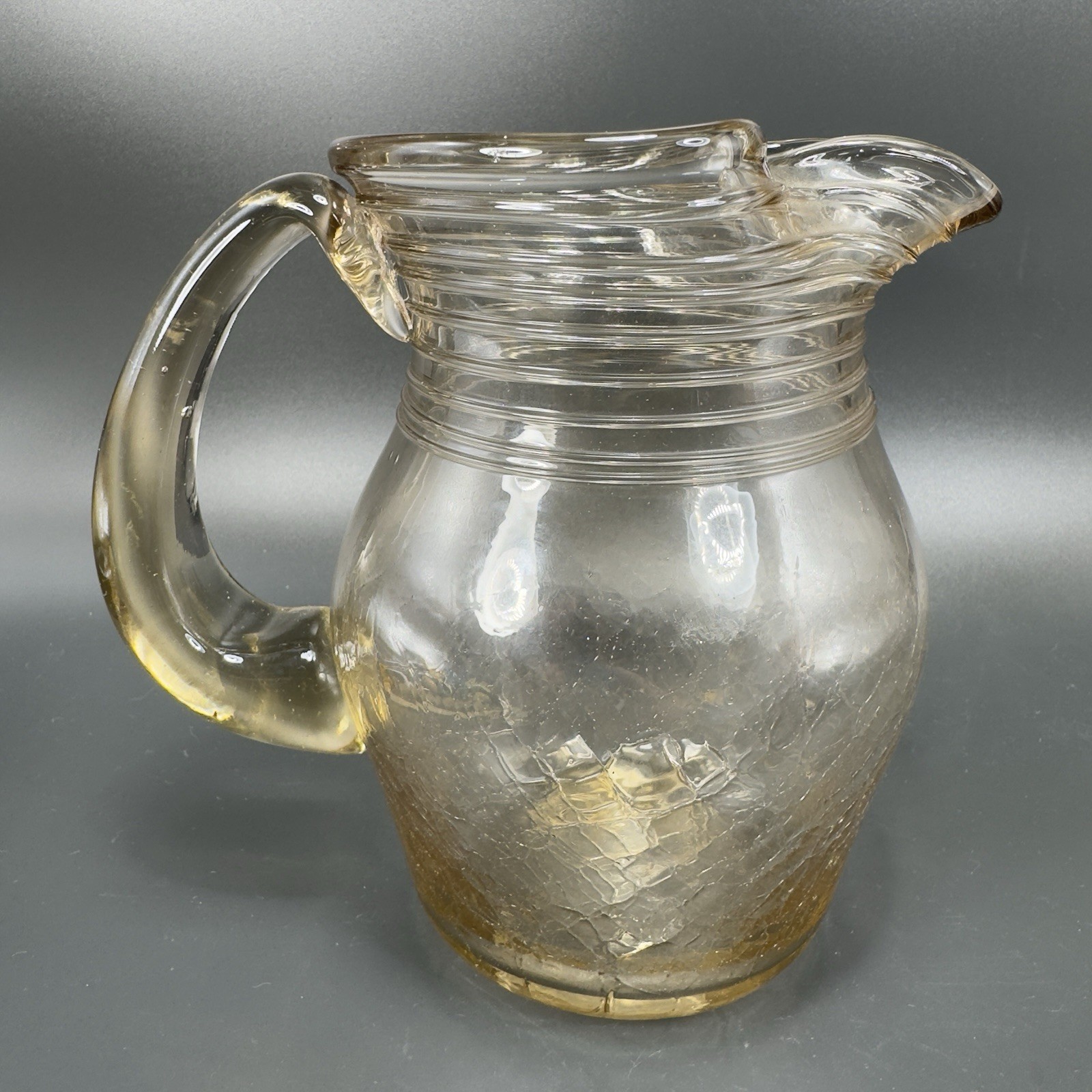 1981 Hand Blown Crackled Glass Pitcher Carafe Jug Light Brown Amber Signed VTG
