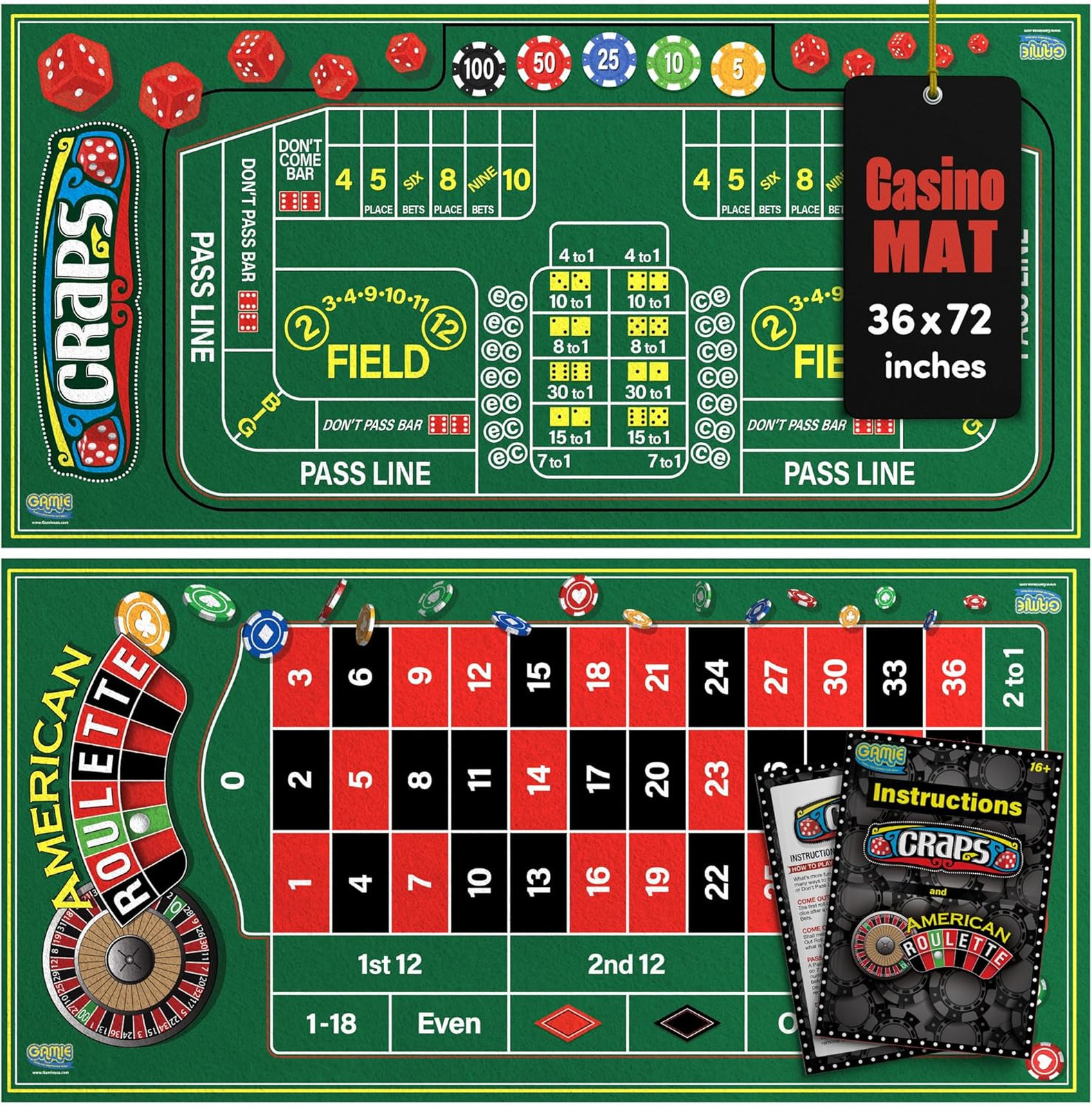 Gamie Double Sided Felt Roulette and Craps Table Mat, 36” x 72” Casino Games for