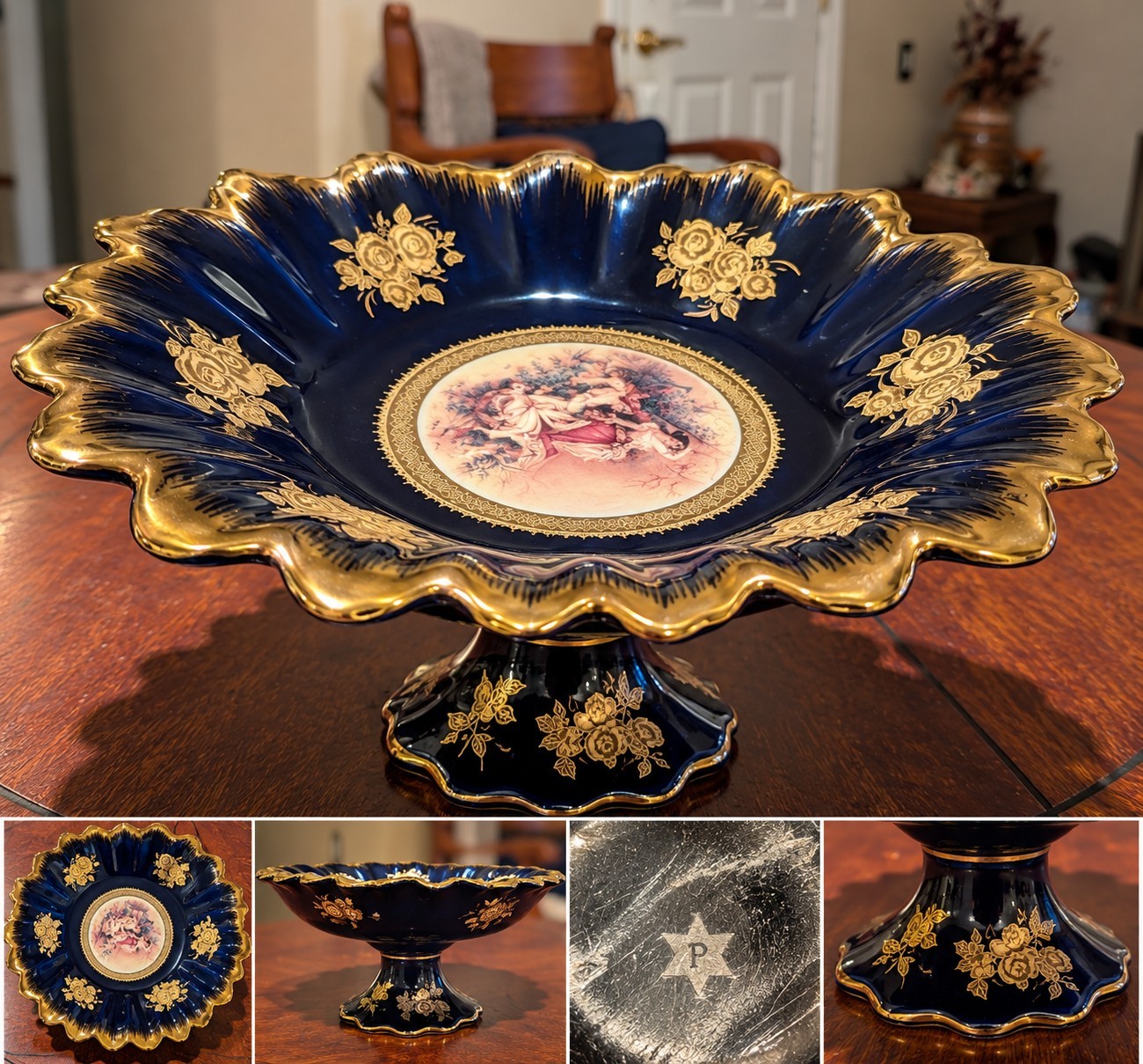 Vintage Cobalt Blue Gold Pedestal Bowl Fragonard Romantic Scene