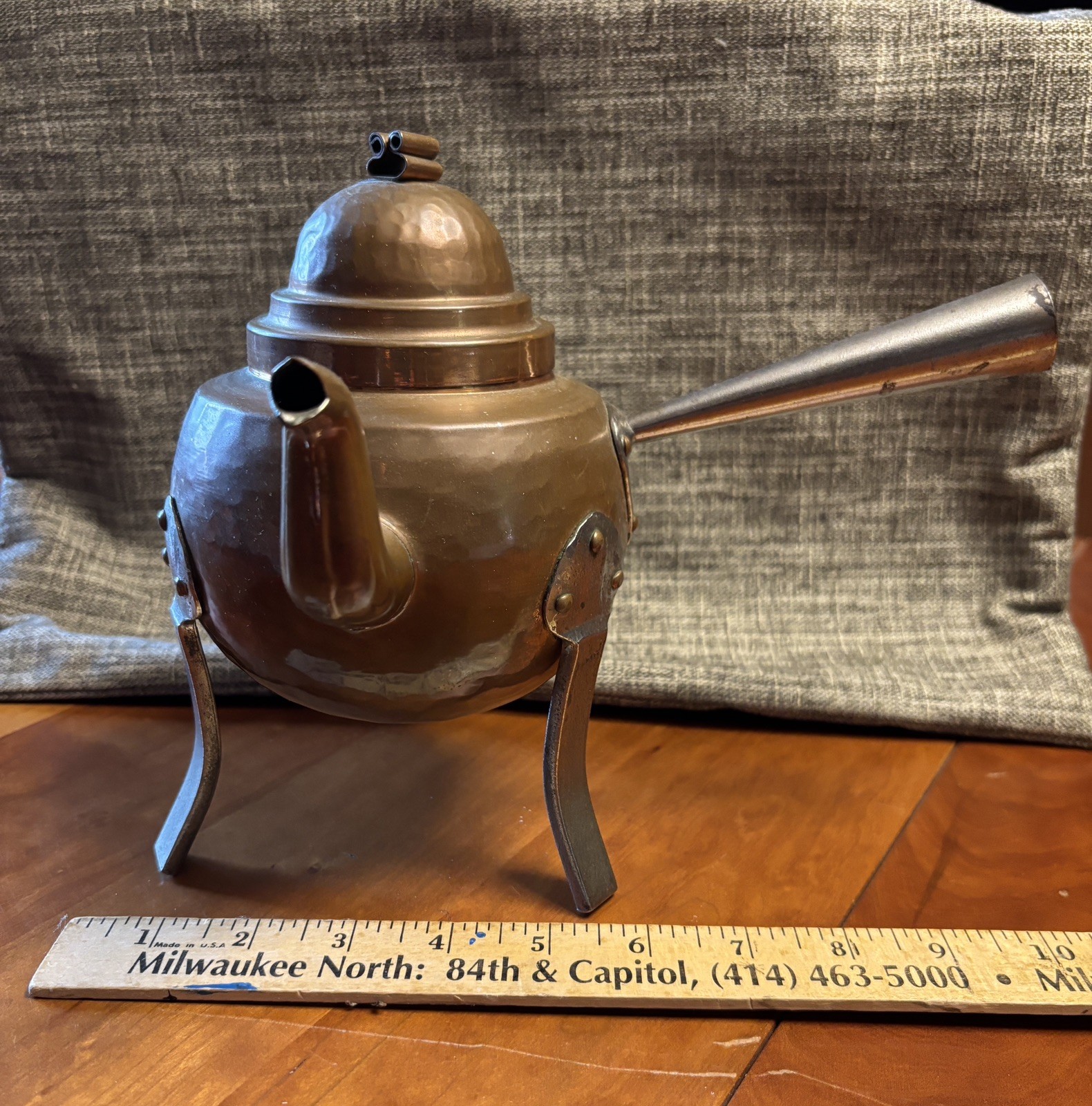 Antique Copper Tea Pot with long silver metal handle super shiny inside 