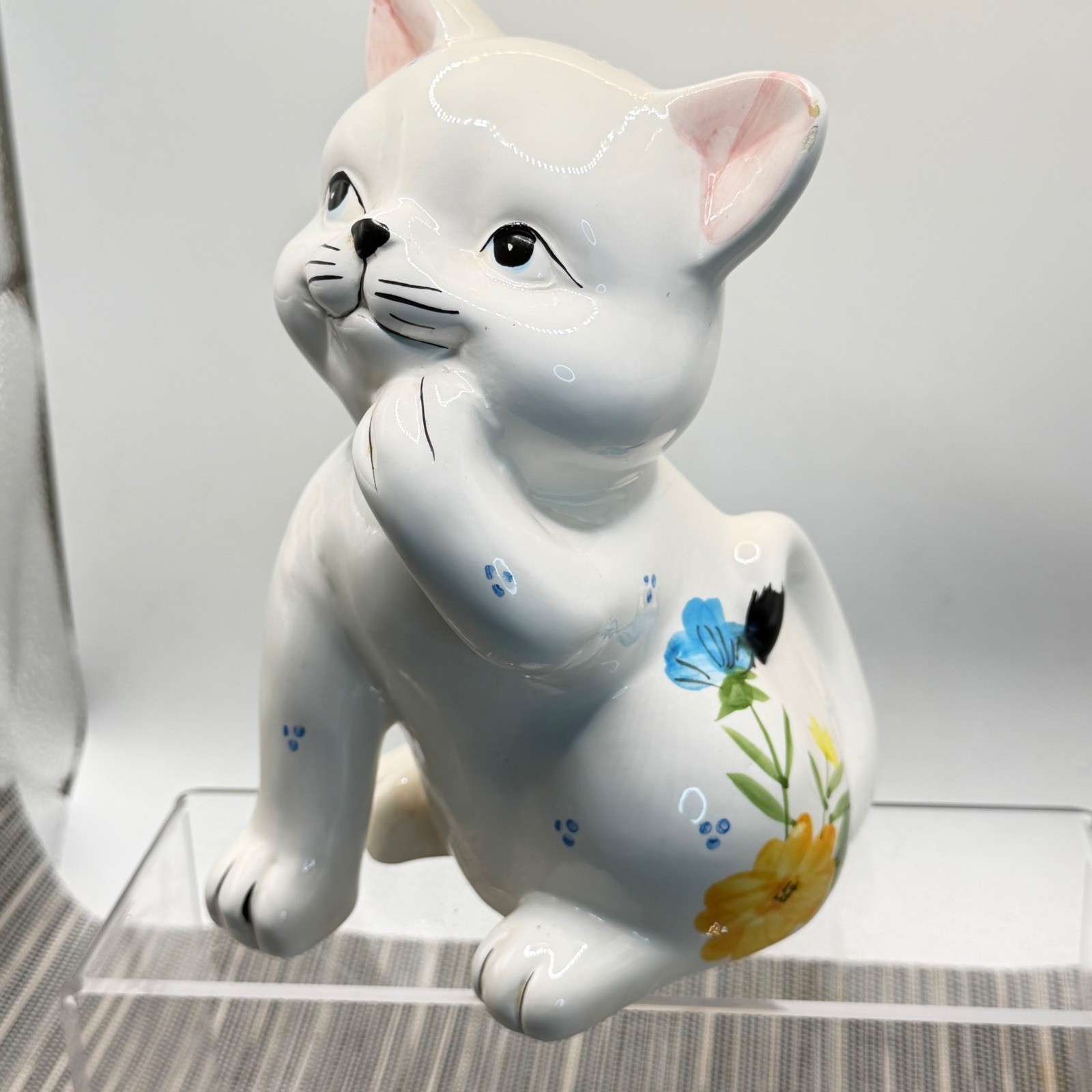 Vintage White Ceramic Cat Coin Bank Hand Painted Floral Glossy 7