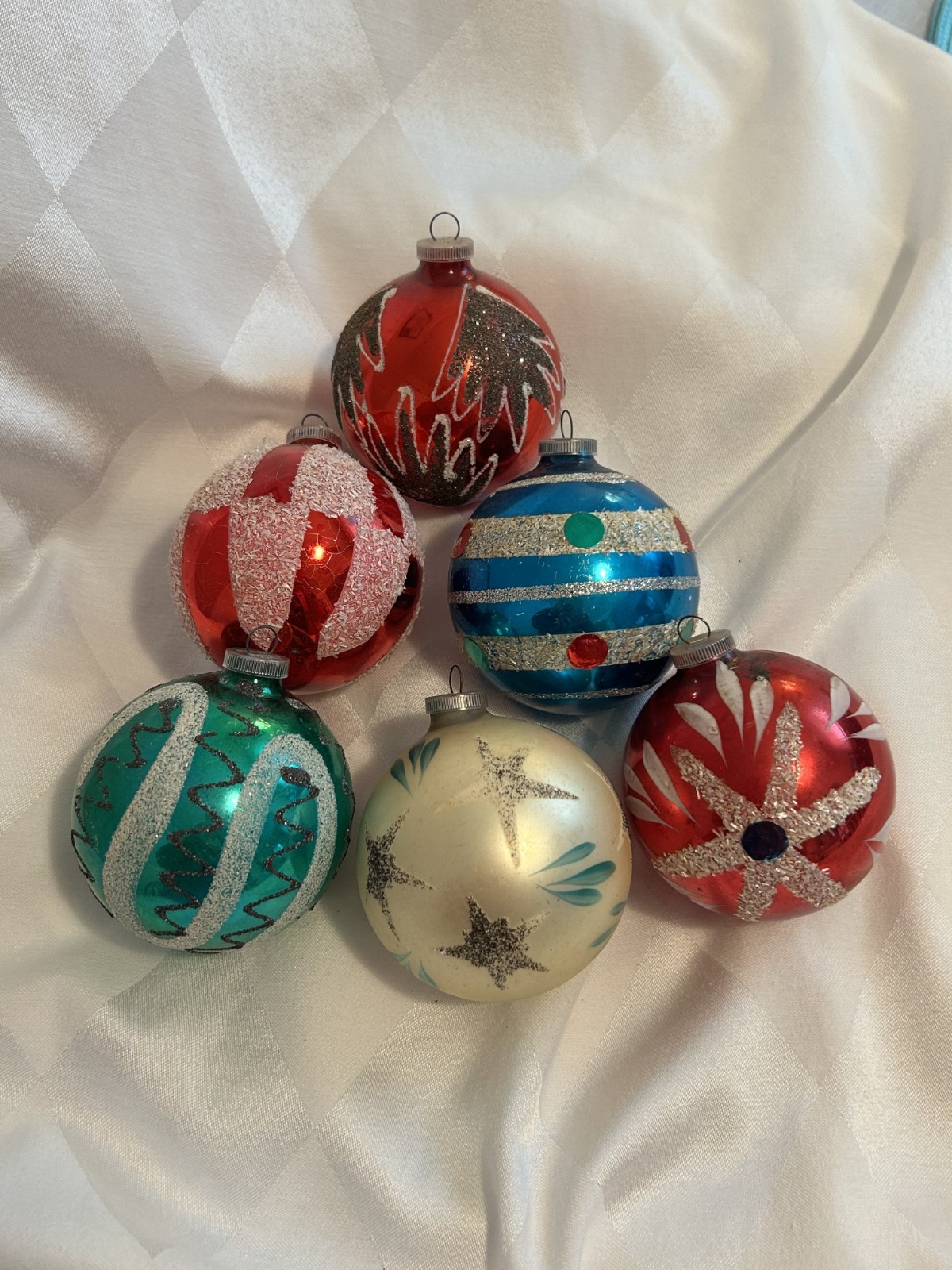 6 Large Vintage DBGM West Germany Christmas Glass Ball Ornaments Plastic Caps