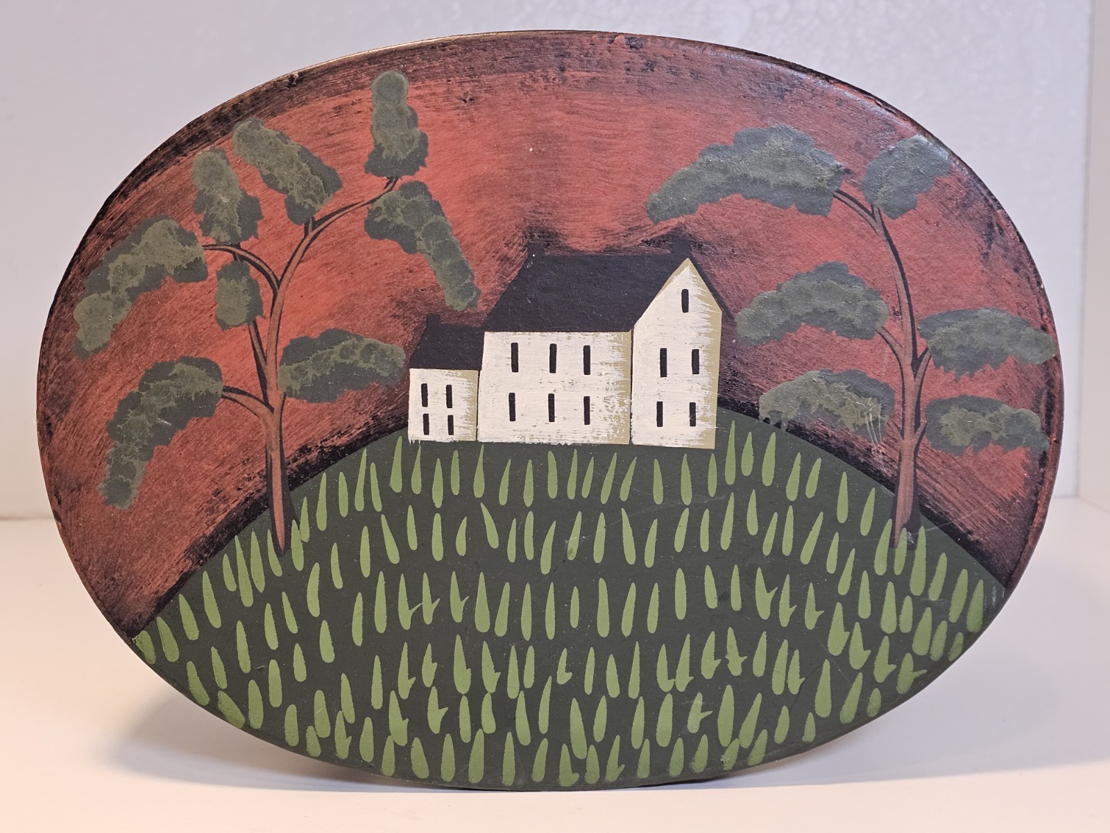 Primitives Kathy Graybill Oval Folk Art Gift Box Rustic Farmhouse Village Decor