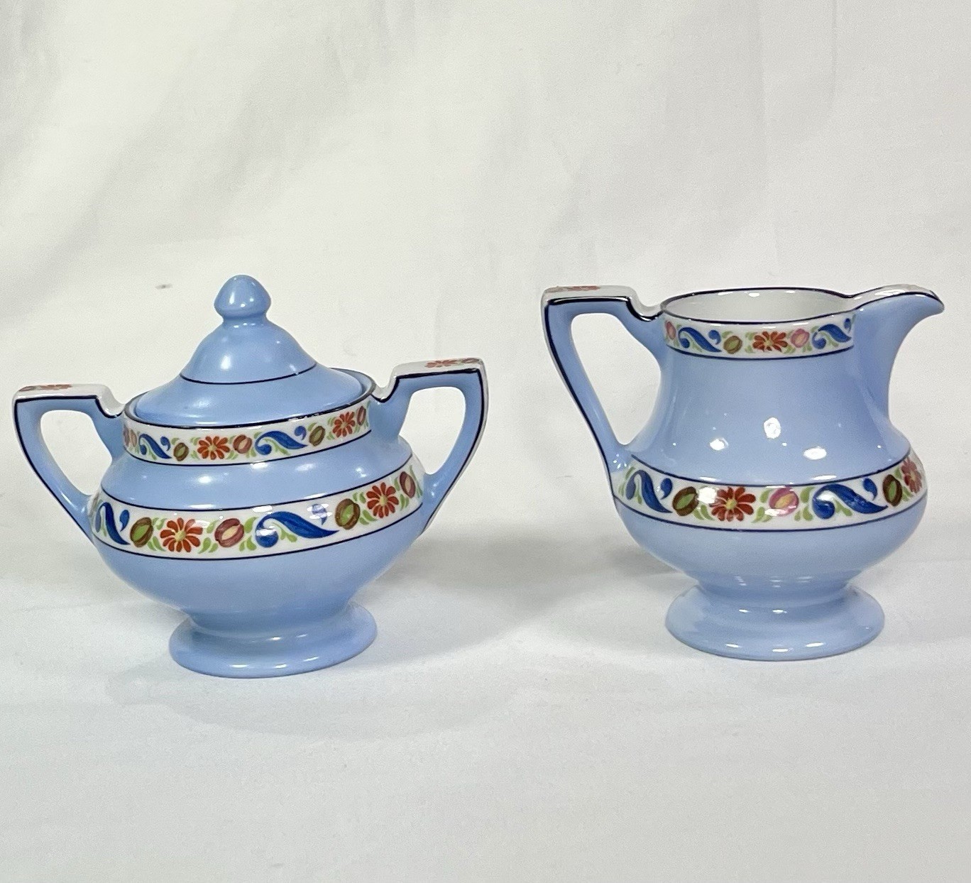 Vintage Fraunfelter Ohio Creamer & Sugar Set, Royal-Rochester Hand Painted 2633