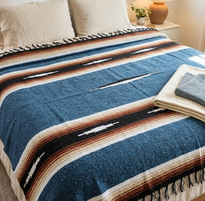Authentic Mexican Blanket Blue 78x50 NEW Handmade in Mexico | Yoga Blanket