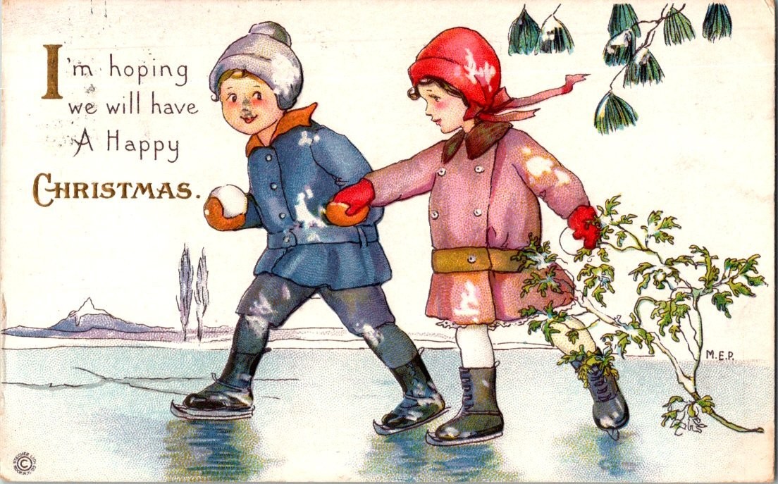 Vintage 1916 Christmas Postcard Children Ice Skating Winter Scene