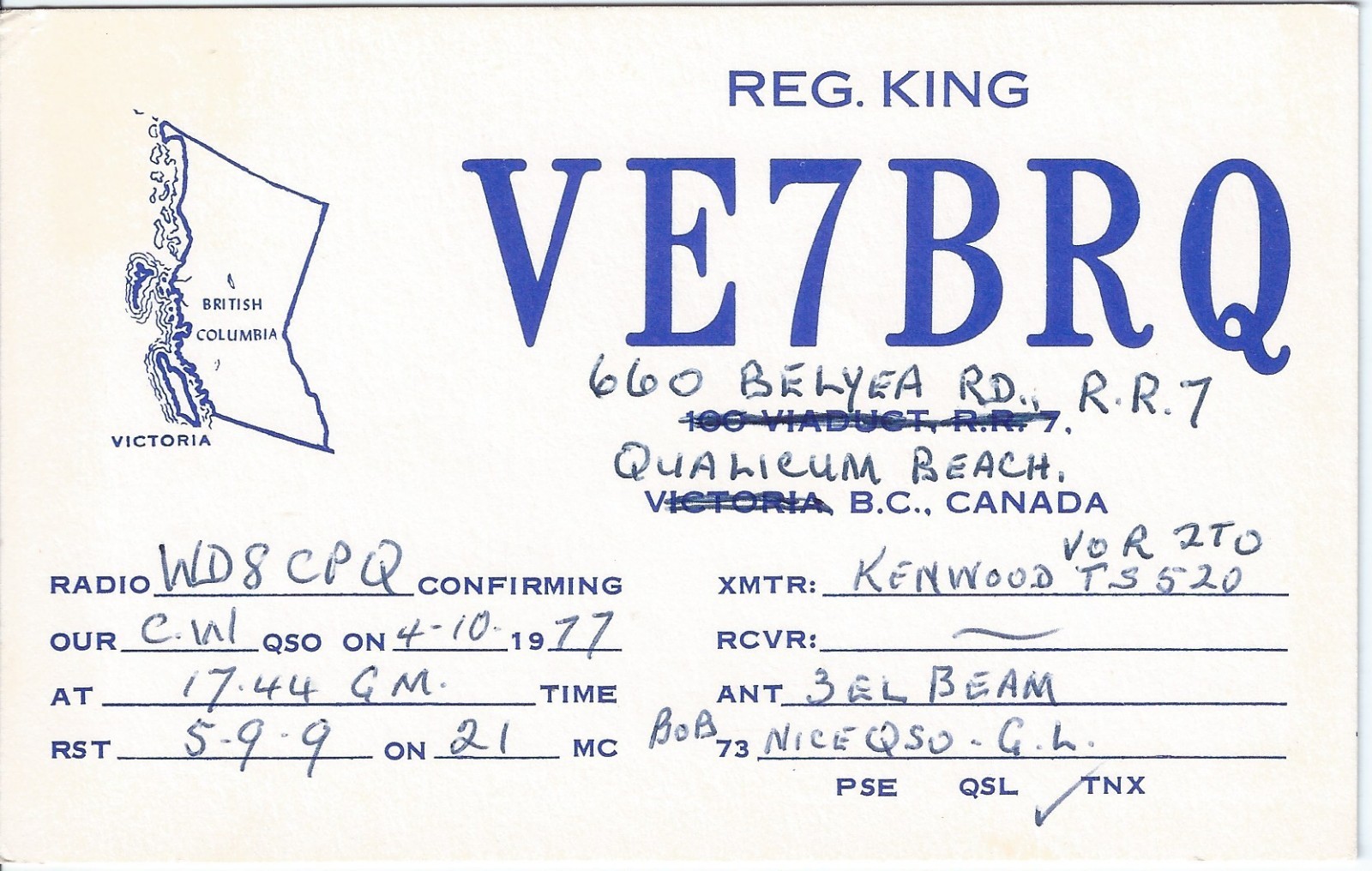 Vintage VE7BRQ Qualicum Beach British Columbia Canada \'77 Amateur Radio QSL Card