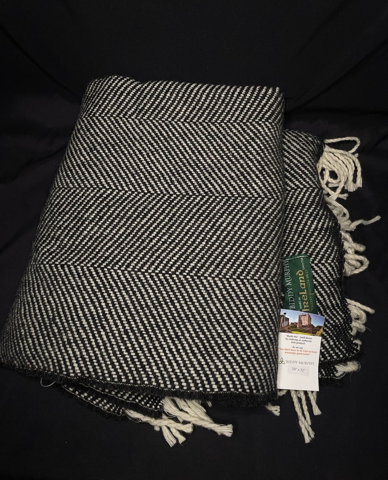 Biddy Murphy Irish Wool Blanket Throw Black White 54x72 Made in Ireland