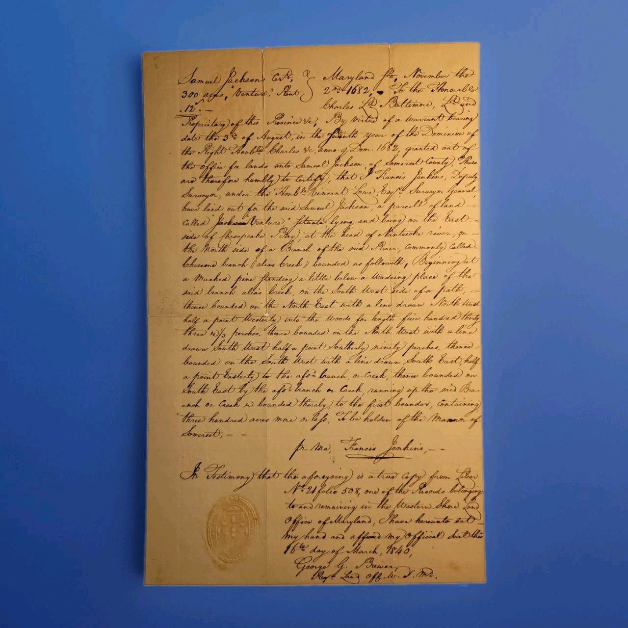 1682 Maryland Land Survey Samuel Jackson Lord Baltimore 1840 Certified Archive