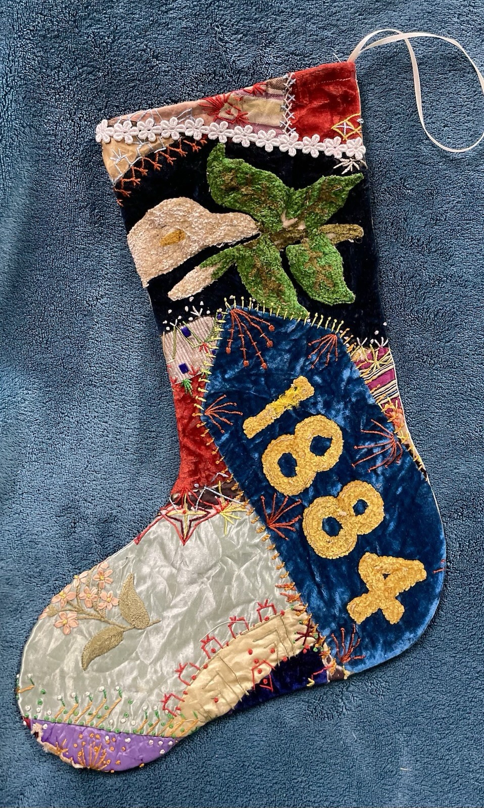 1884 GORGEOUS ANTIQUE VINTAGE CRAZY QUILT CHRISTMAS STOCKING CUTTER QUILT 26-75 1884 GORGEOUS ANTIQUE VINTAGE CRAZY QUILT CHRISTMAS STOCKING CUTTER QUILT 26-75