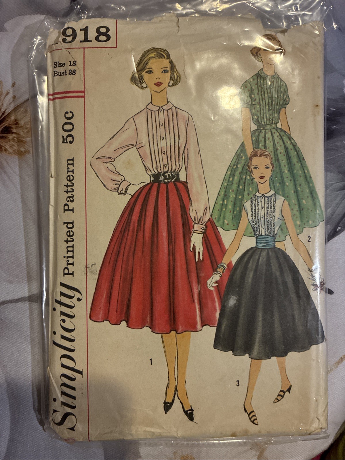 Vintage 1956 Simplicity 1918 Sewing Pattern Blouse Full Skirt Size 18 Bust 38