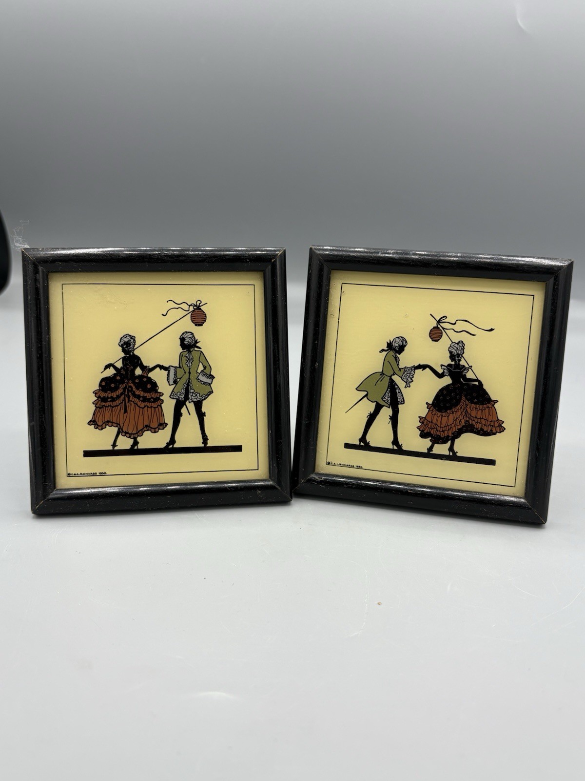 Lot 2 Vintage Reverse Painted Silhouette Art - Minuets & Pierrettes , Couple Lot 2 Vintage Reverse Painted Silhouette Art - Minuets & Pierrettes , Couple