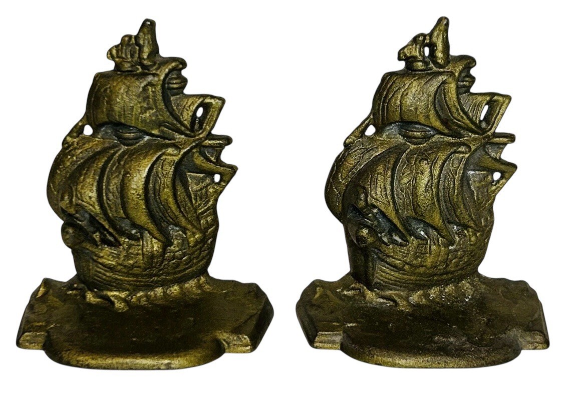 Brass Ship Themed Bookends - Set of 2 - Nautical Clipper Tropical Vintage MCM