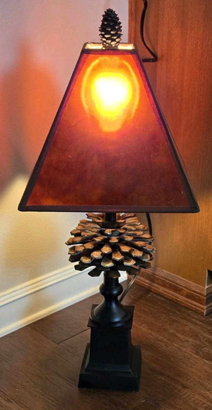 Rustic Pine Cone Table Lamp Black Base Amber Shade Cabin Lodge Rustic Pine Cone Table Lamp Black Base Amber Shade Cabin Lodge