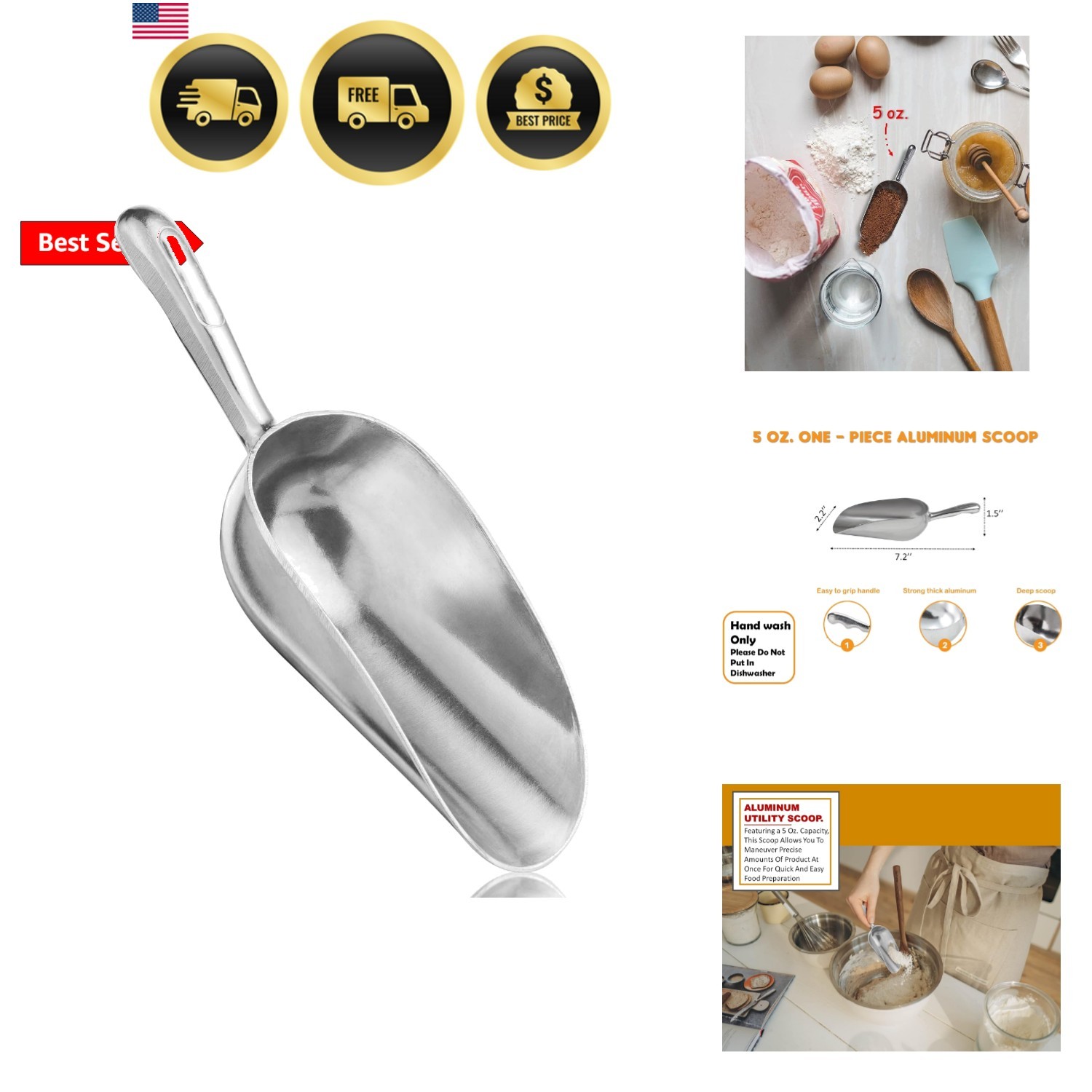 Ice Scoop Aluminum Multi-Purpose Small Handheld Food Scoop 5 Oz