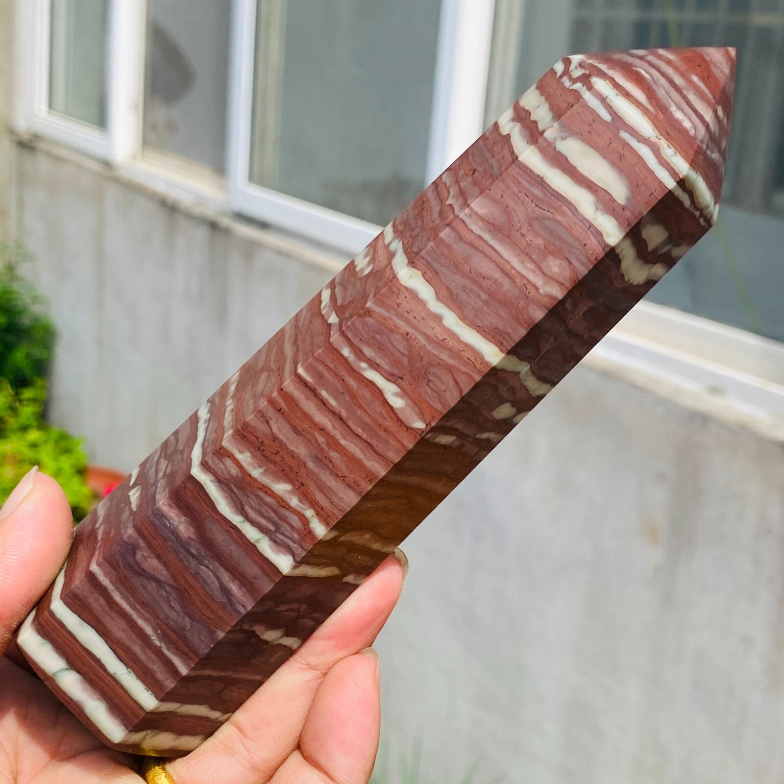 547g Large Red Zebra Stone Jasper Crystal Wand Point Tower Obelisk Specimen