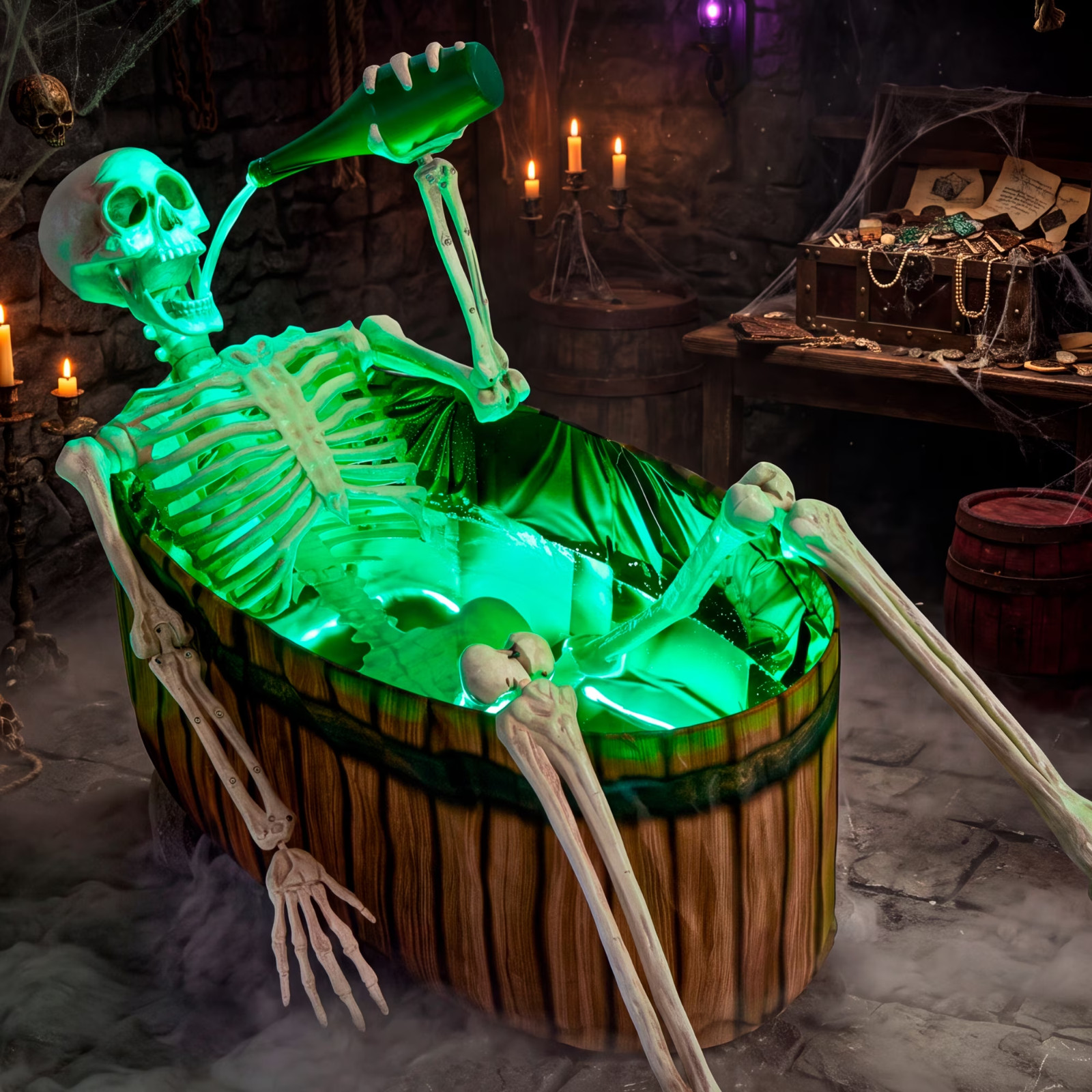 5 FT Halloween Animatronic Skeleton with Endless Pouring Effect, Green LED Light
