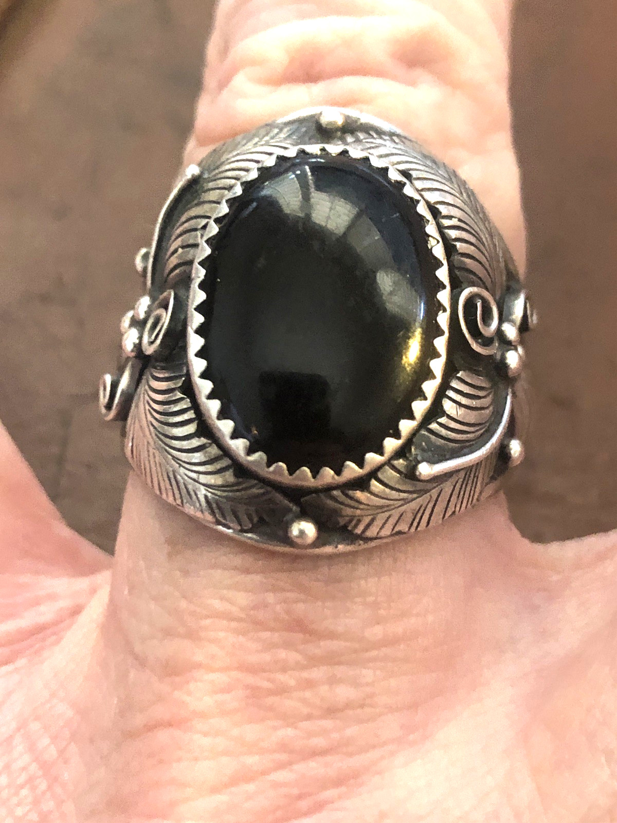 Vintage Native American Sterling Silver 925 & Onyx Signed MM Ring Sz 11.25  17 G