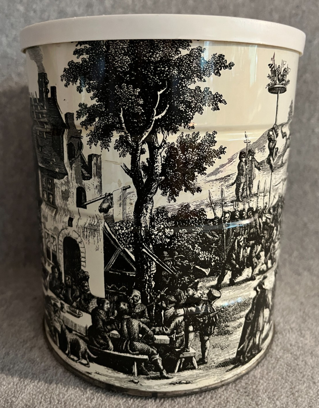 Vintage Hills Bros Coffee Can Tin Medieval Village & Tavern Scene Stamped Lid
