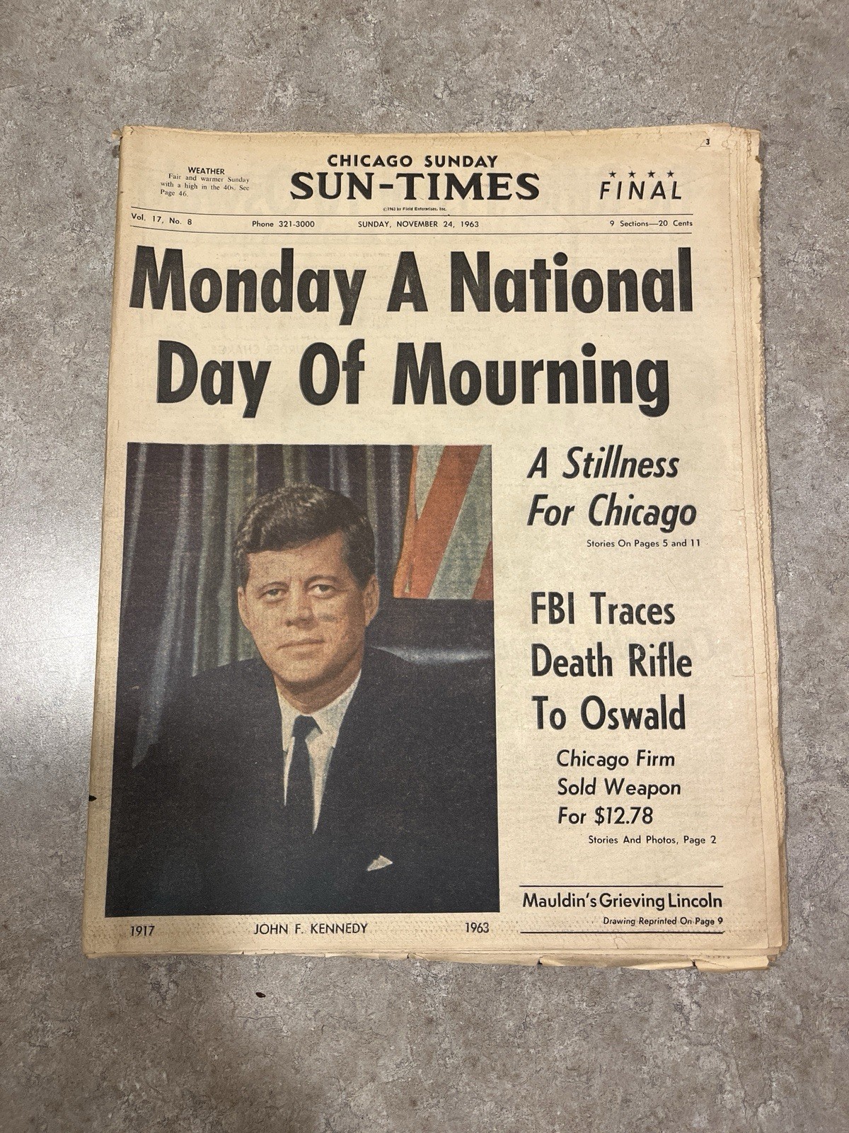 11/24/1963 Chicago Sunday SunTimes John F.Kennedy Assassination Day Of Mourning