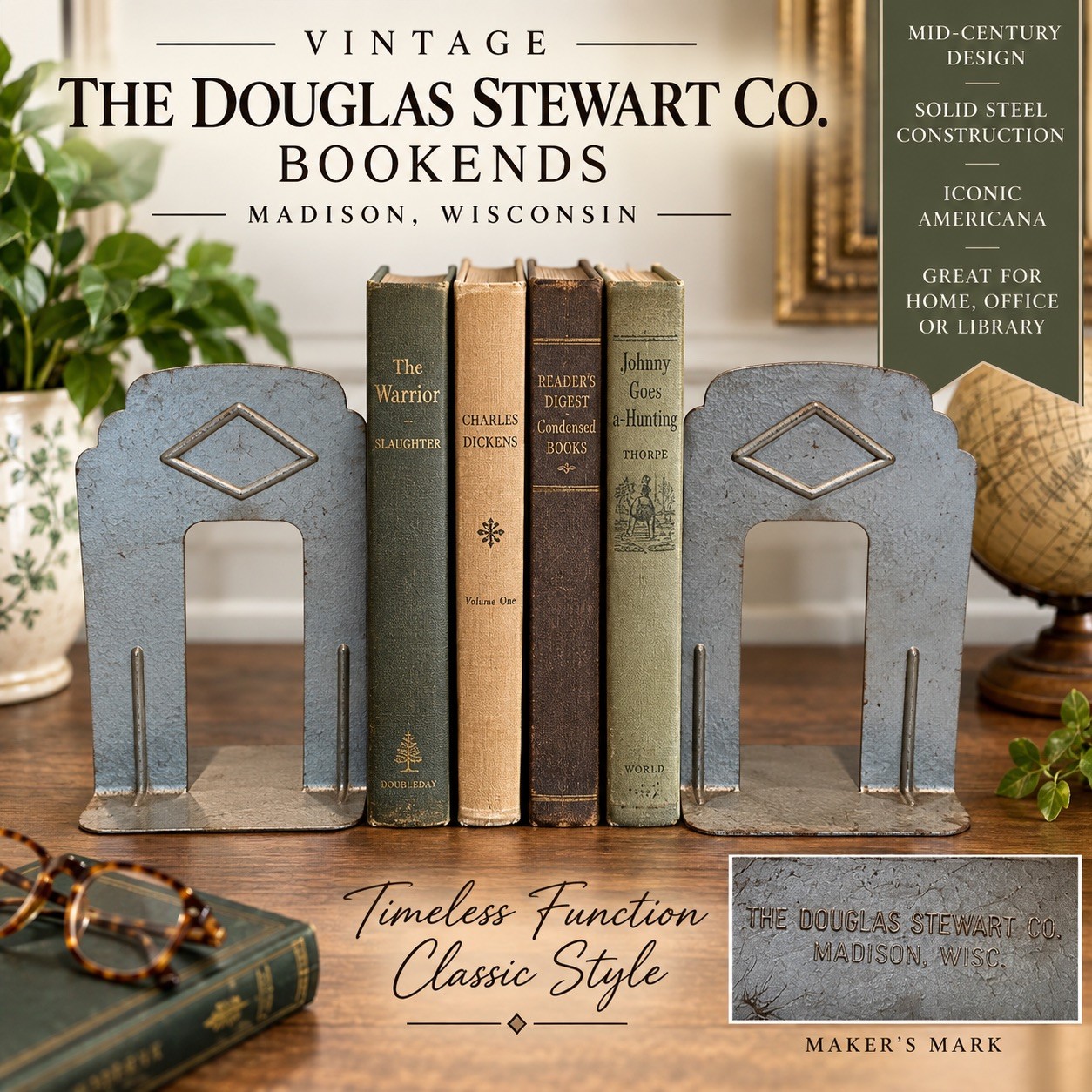Vintage Douglas Stewart Co Metal Bookends Madison WI MCM College Dorm 1950s 60s Vintage Douglas Stewart Co Metal Bookends Madison WI MCM College Dorm 1950s 60s