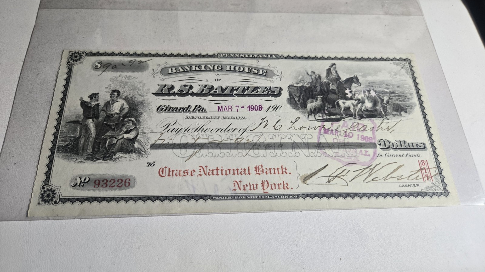 1908 R S Battles Banking House Bank Check to Chase $90.92 Ephemera