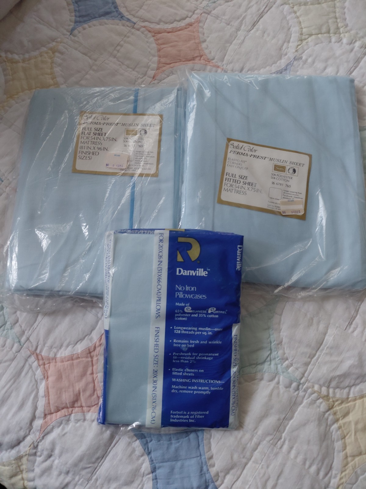 Vtg 1970s Sears Blue Full Size Sheet Set Perma-Prest Muslin SEALED NRFP NIP NOS