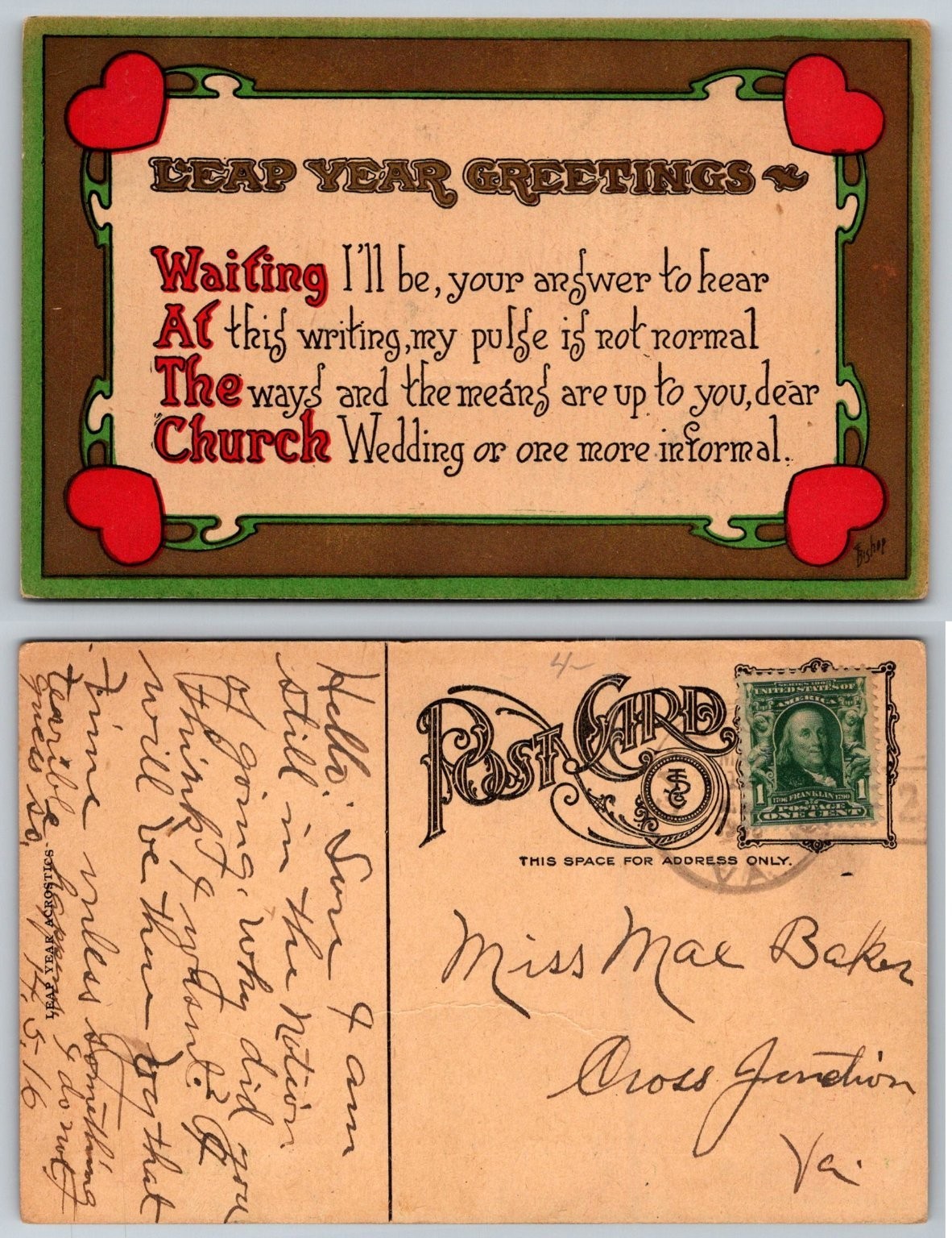 Vintage 1916 Leap Year Greetings Postcard Bishop Acrostic Poem Hearts Posted