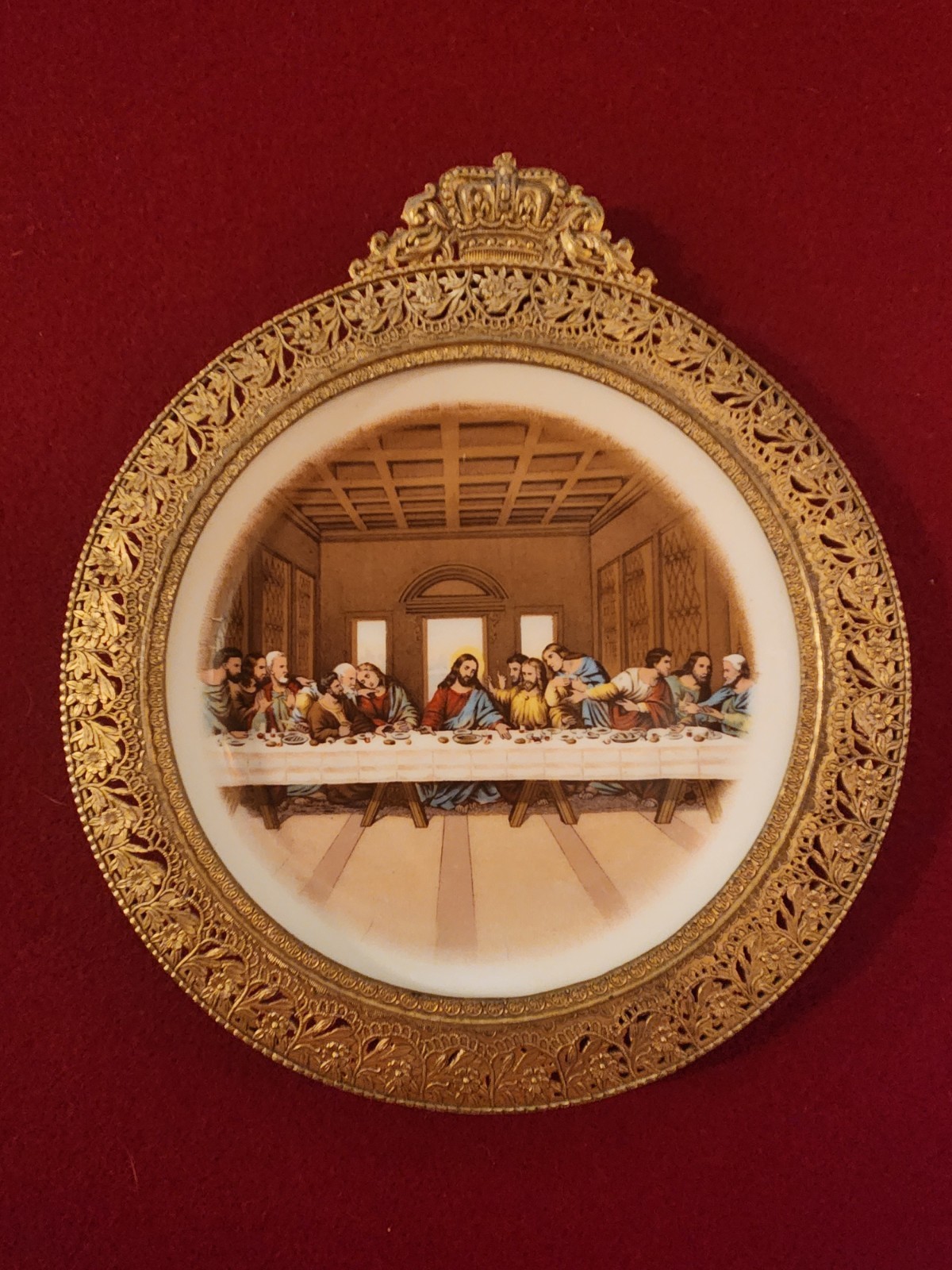 Vintage Last Supper Wall Plate Ornate Gold Brass Ormolu Filigree Crown Frame 