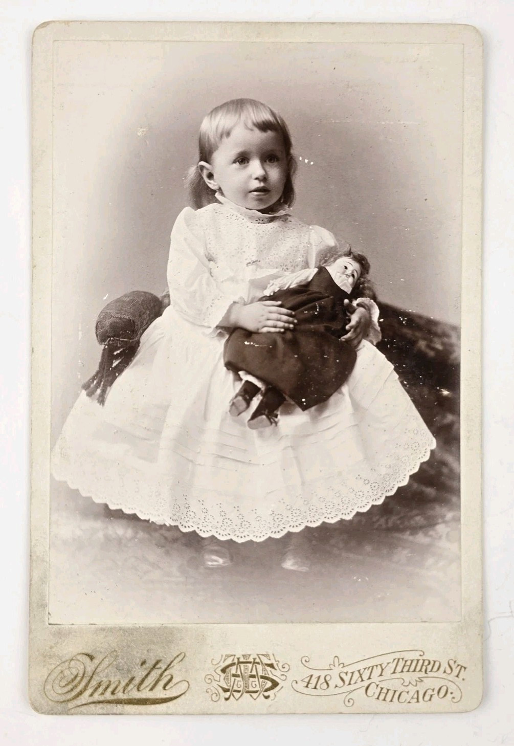 Antique Cabinet Card Photo ID'd Victorian Girl Porcelain Doll Smith Chicago IL
