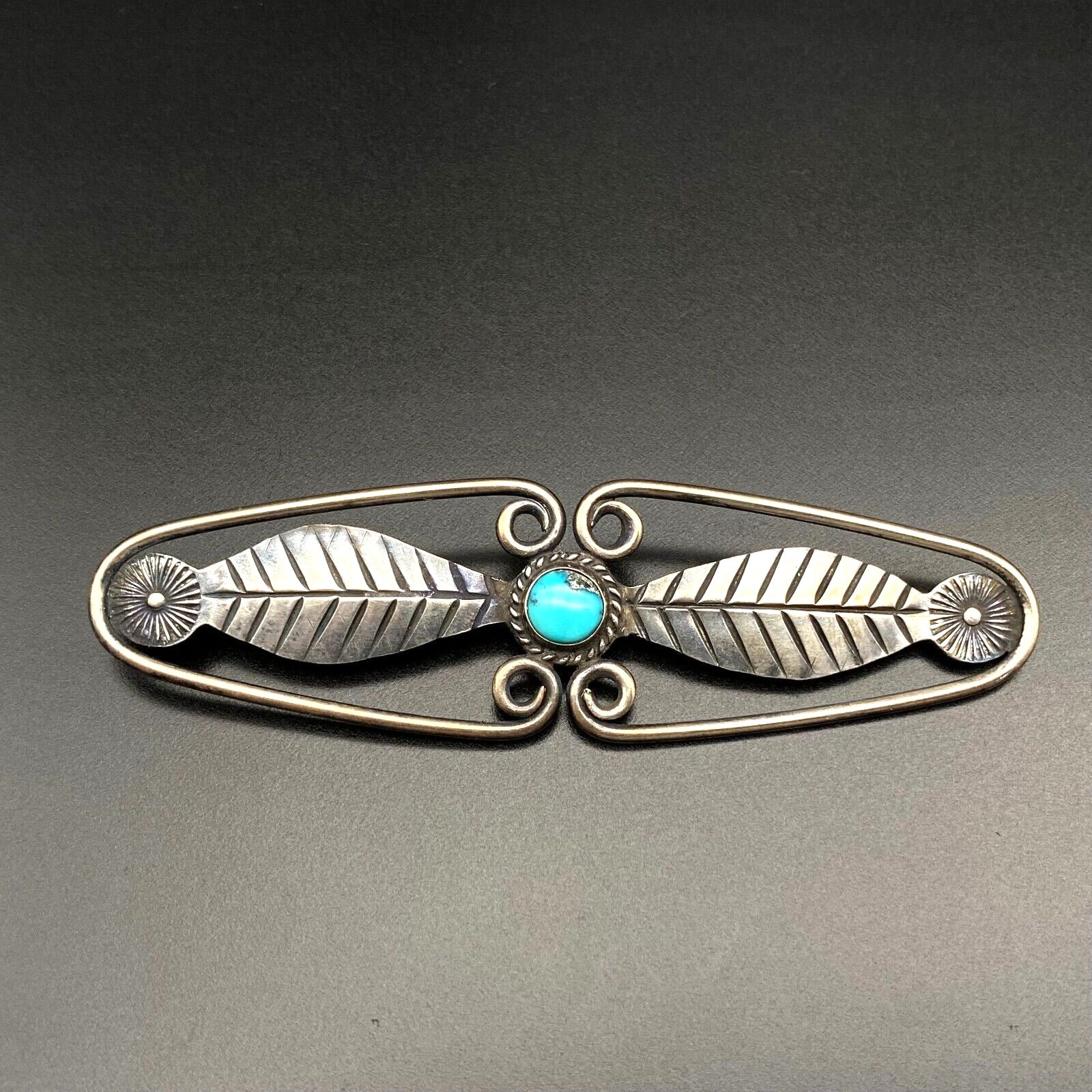 Vintage Navajo Hand Made Turquoise Hand Stampwork Sterling Silver Pin Brooch