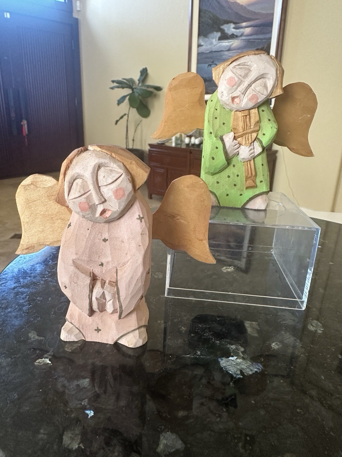 Pair of  Vintage Handcrafted Linden Wood Angel Sculptures Created by KAPELA