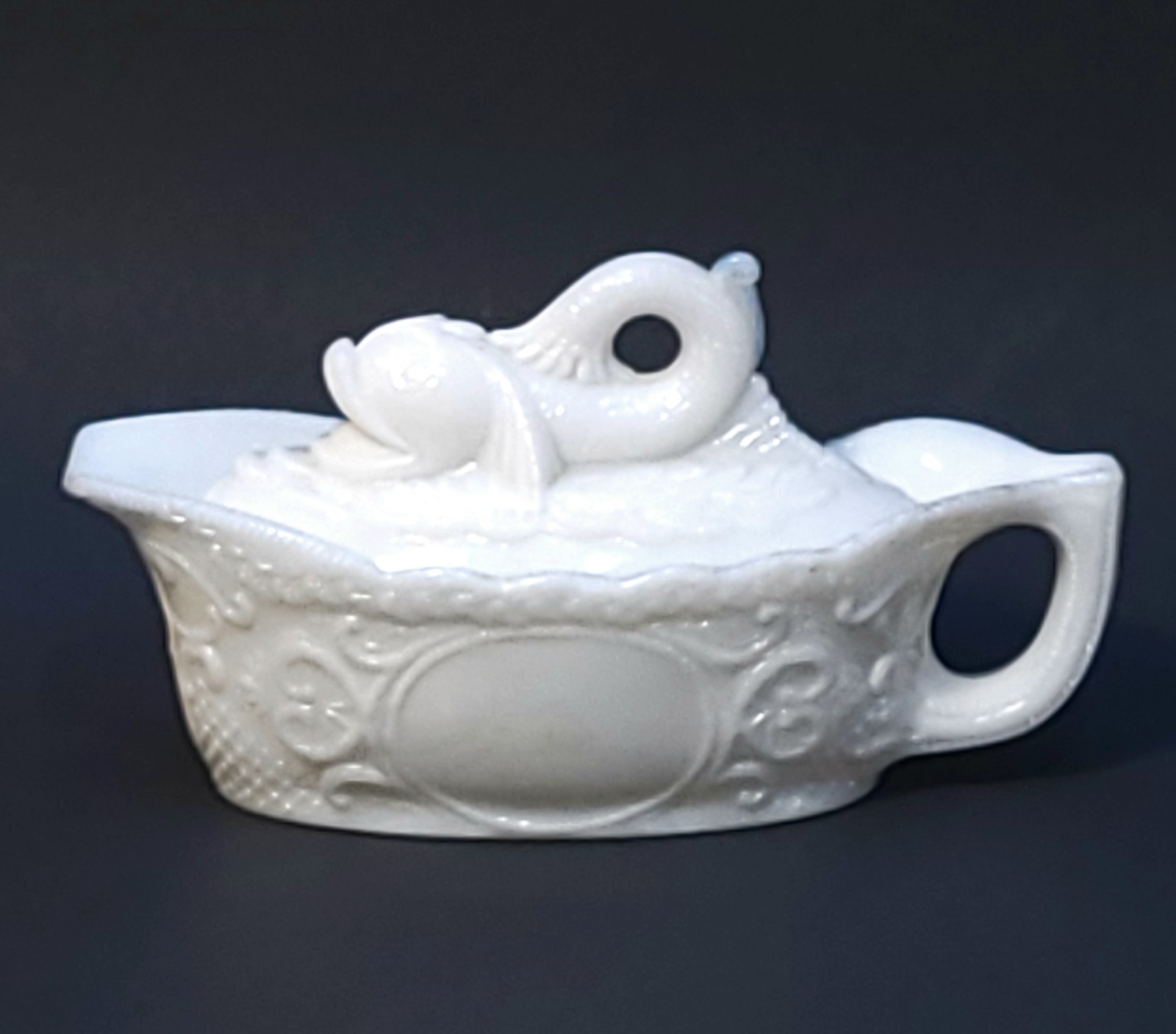 Antique Flaccus? Opaque Dolphin Fish White Covered Sauce Mustard Dish **READ**