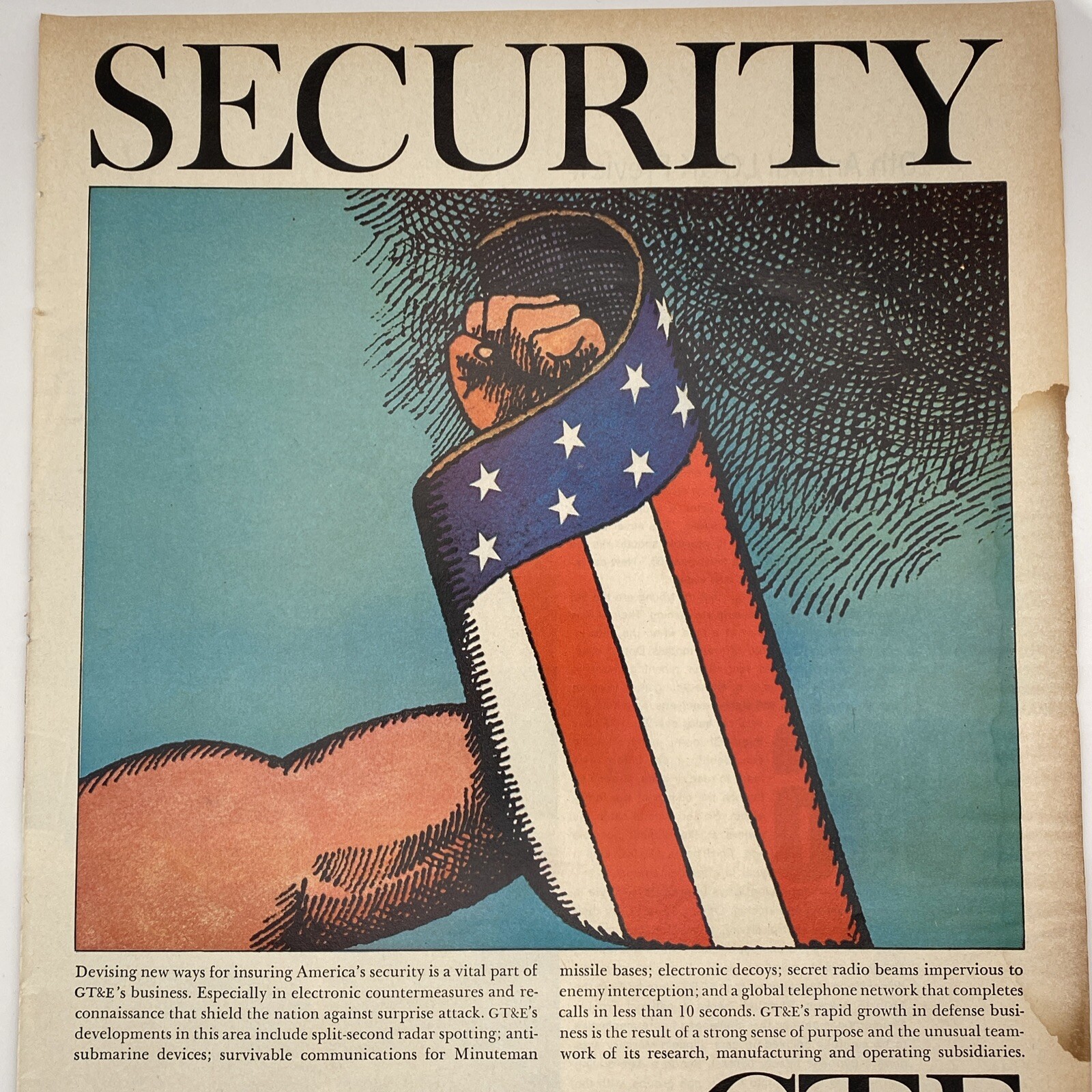 1965 GTE PRINT AD General Telephone Electronic Great US Flag Shield SECURITY Art